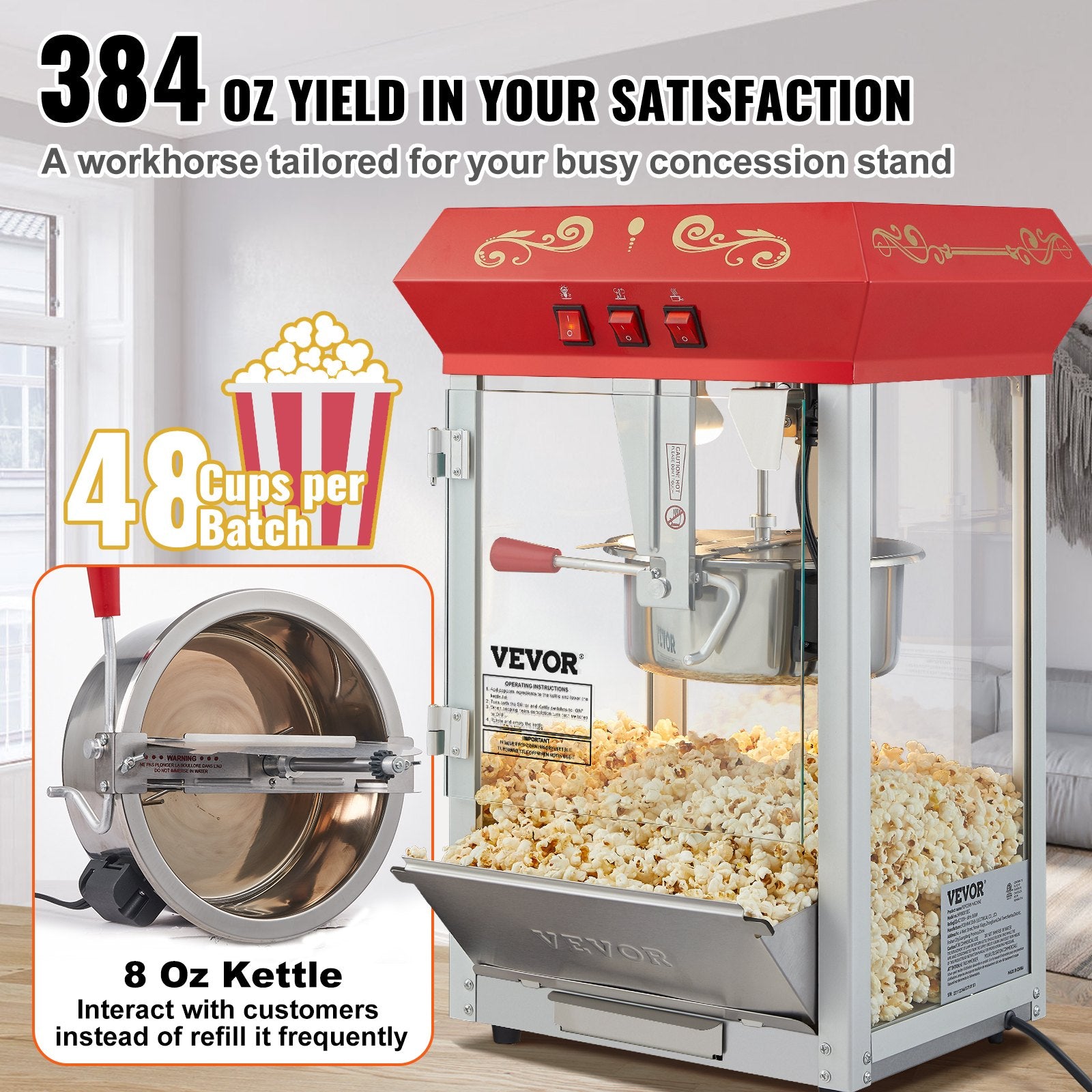 Popcorn Popper Machine Countertop Popcorn Maker 850W 8 Oz 48 Cups Red V952-TSBMHJ8OZ850WJWNRV3