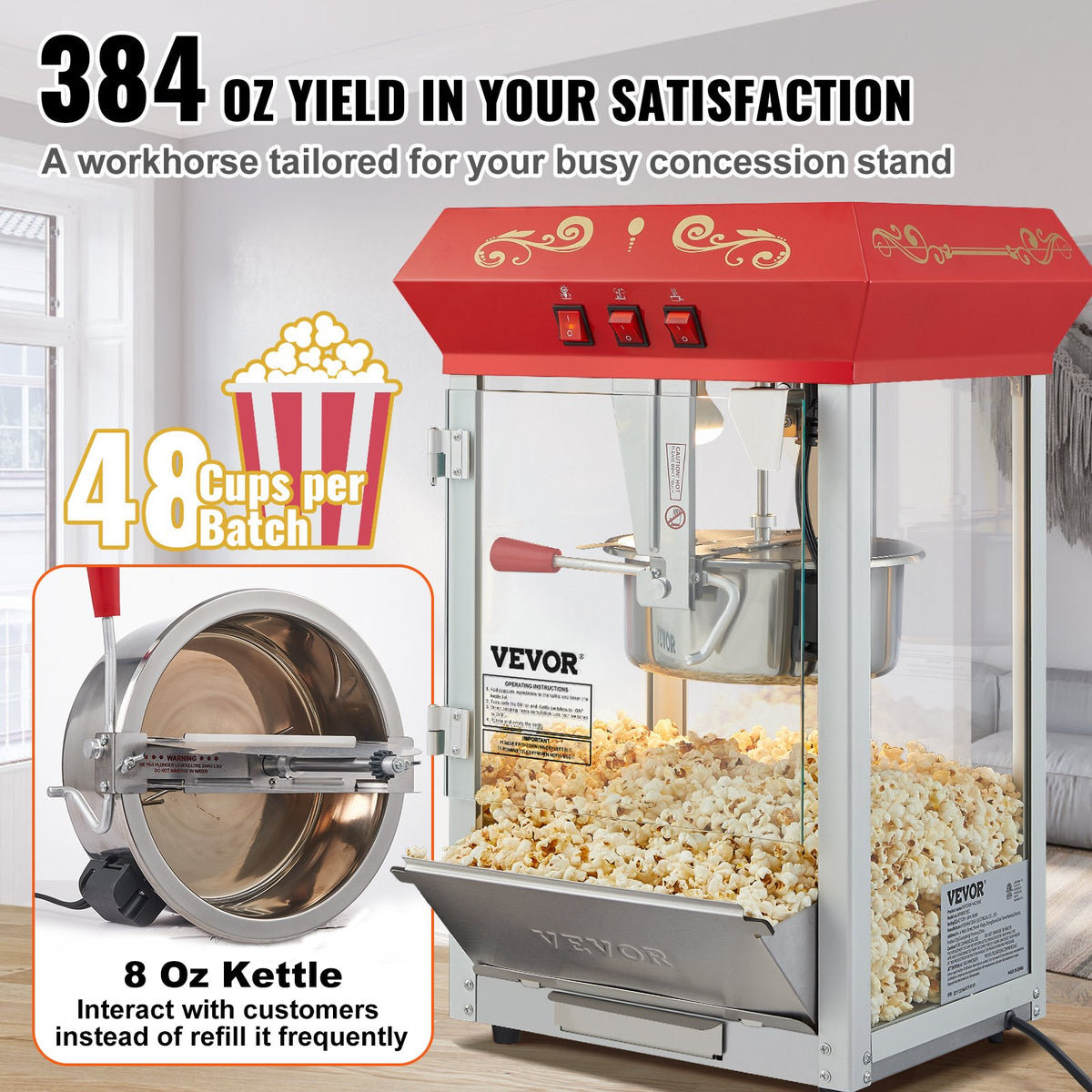 Popcorn Popper Machine Countertop Popcorn Maker 850W 8 Oz 48 Cups Red V952-TSBMHJ8OZ850WJWNRV3