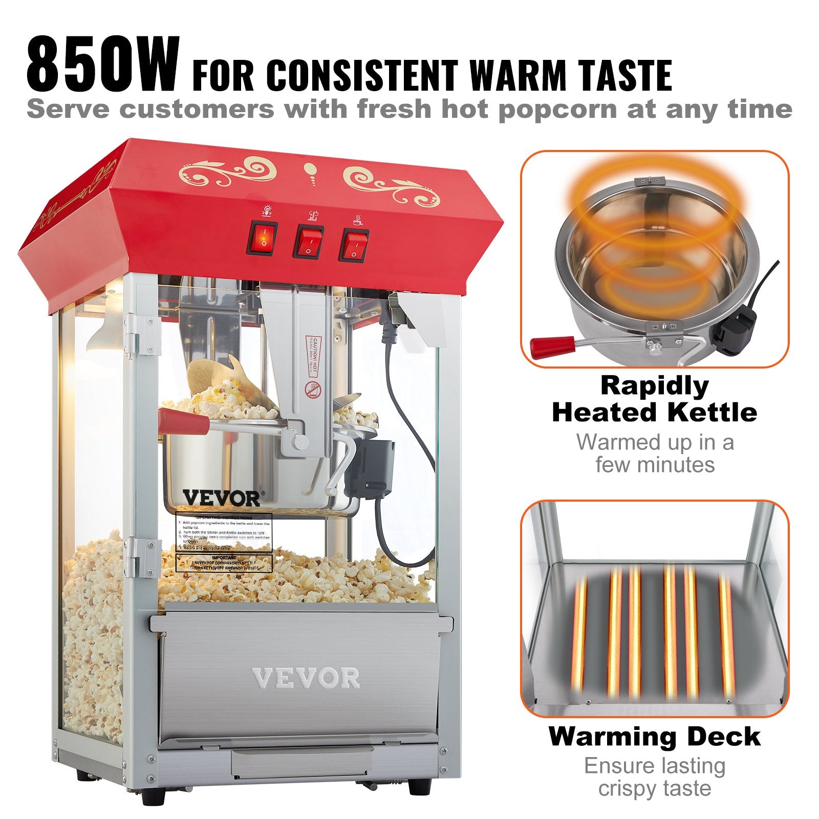 Popcorn Popper Machine Countertop Popcorn Maker 850W 8 Oz 48 Cups Red V952-TSBMHJ8OZ850WJWNRV3