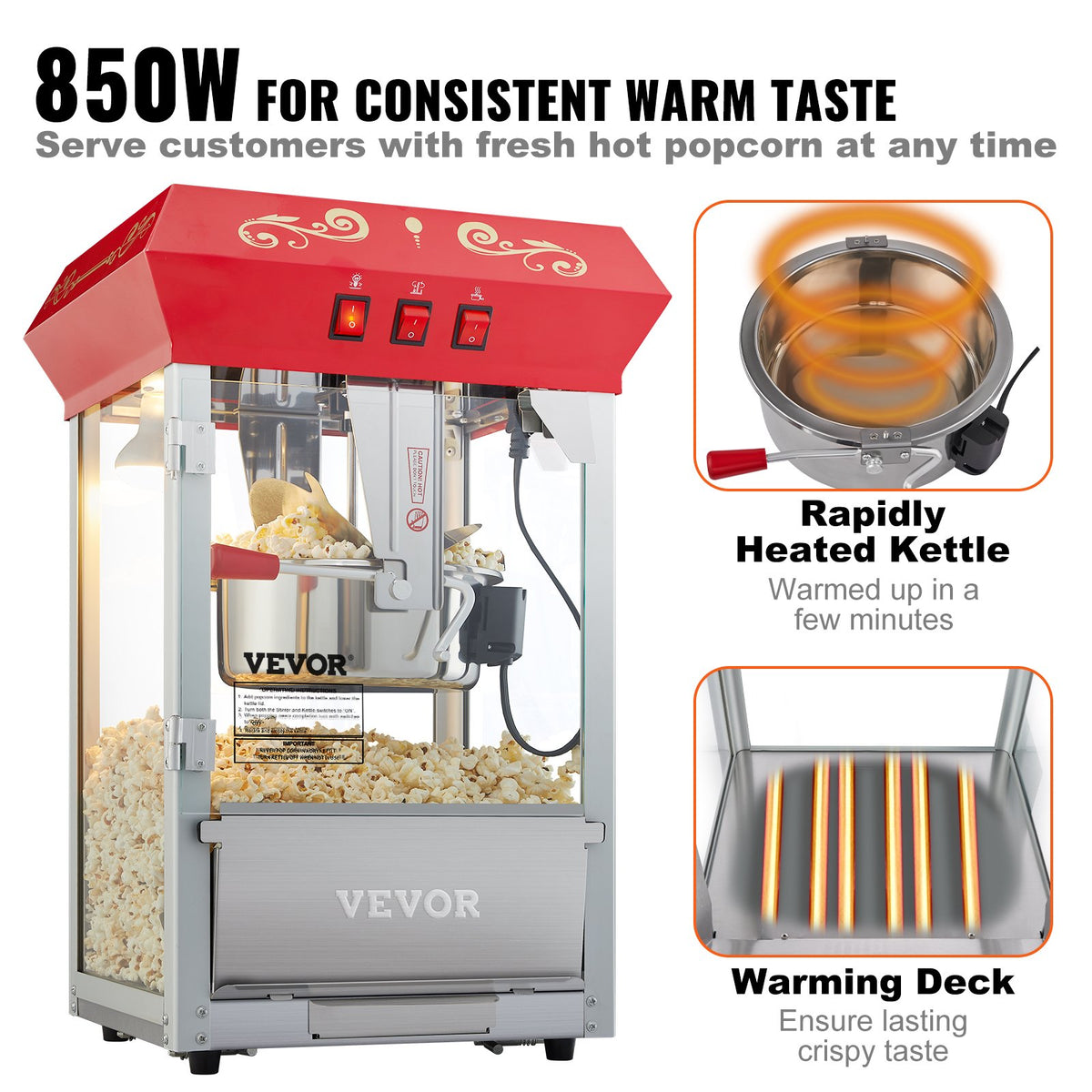 Popcorn Popper Machine Countertop Popcorn Maker 850W 8 Oz 48 Cups Red V952-TSBMHJ8OZ850WJWNRV3
