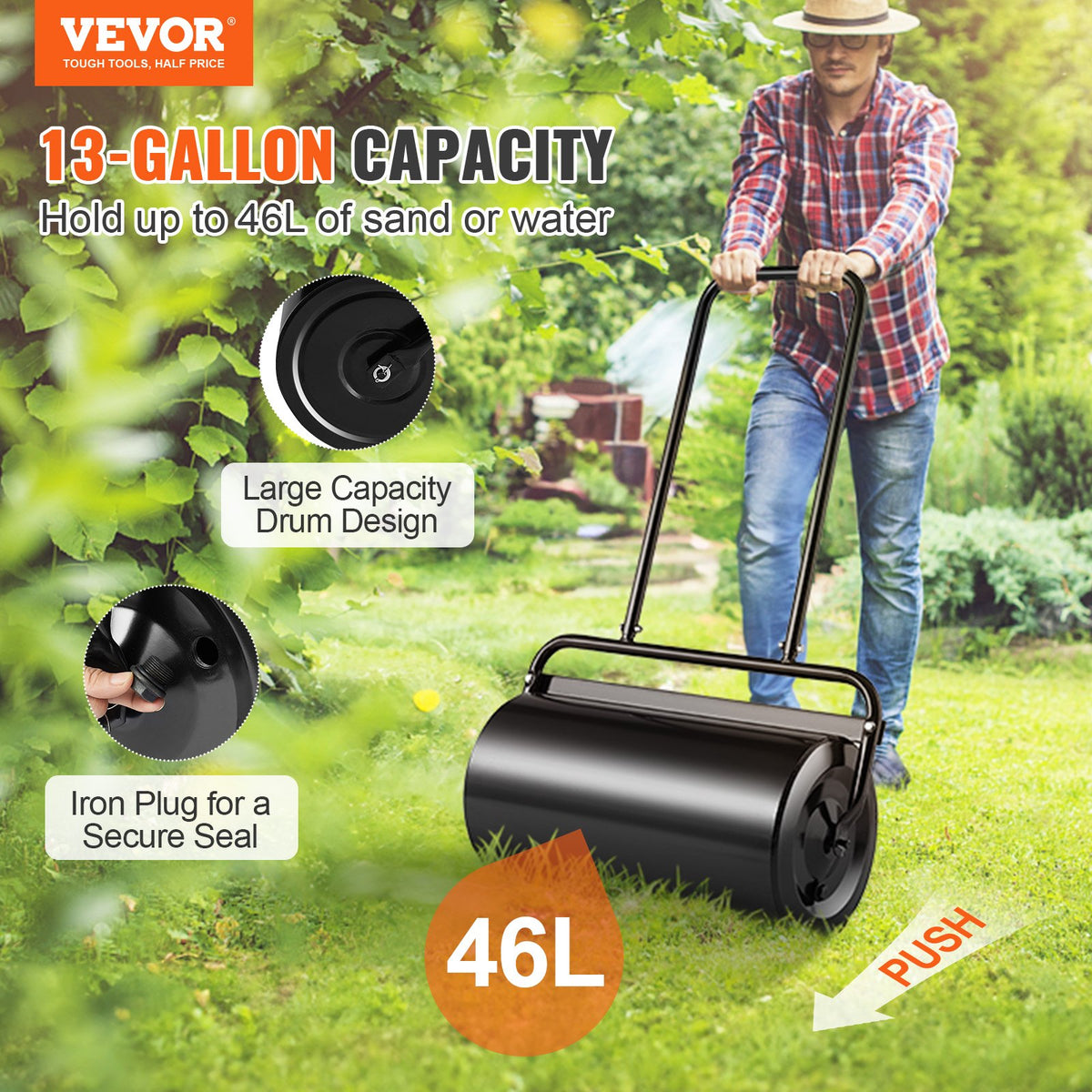 Lawn Roller, 13 Gallon 24Inch Sand/Water Filled Yard Roller, Steel Sod Roller with Easy-turn Plug and V952-TSCPGL13JL24TUFI8V0