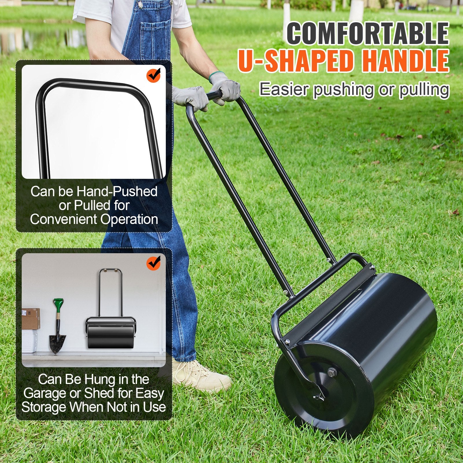 Lawn Roller, 13 Gallon 24Inch Sand/Water Filled Yard Roller, Steel Sod Roller with Easy-turn Plug and V952-TSCPGL13JL24TUFI8V0