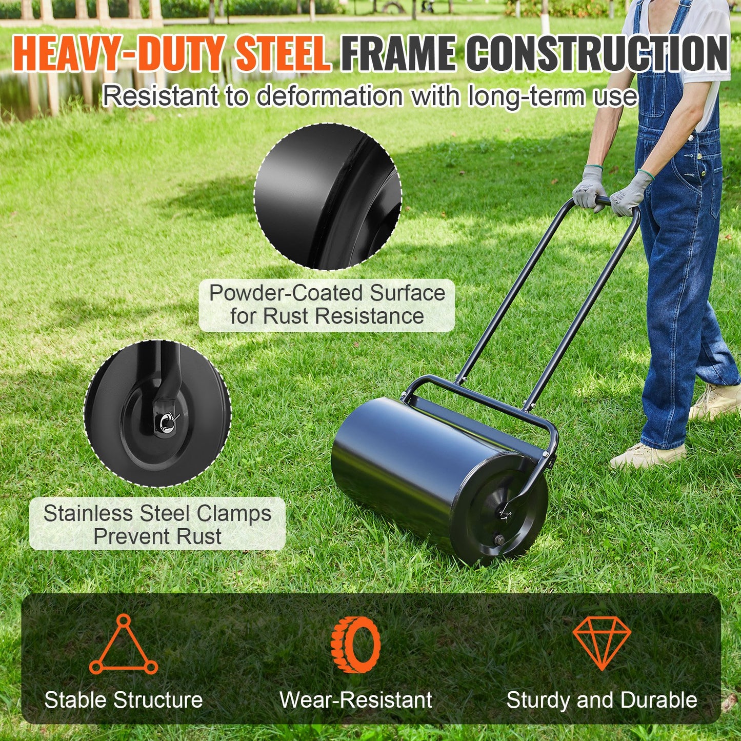 Lawn Roller, 13 Gallon 24Inch Sand/Water Filled Yard Roller, Steel Sod Roller with Easy-turn Plug and V952-TSCPGL13JL24TUFI8V0
