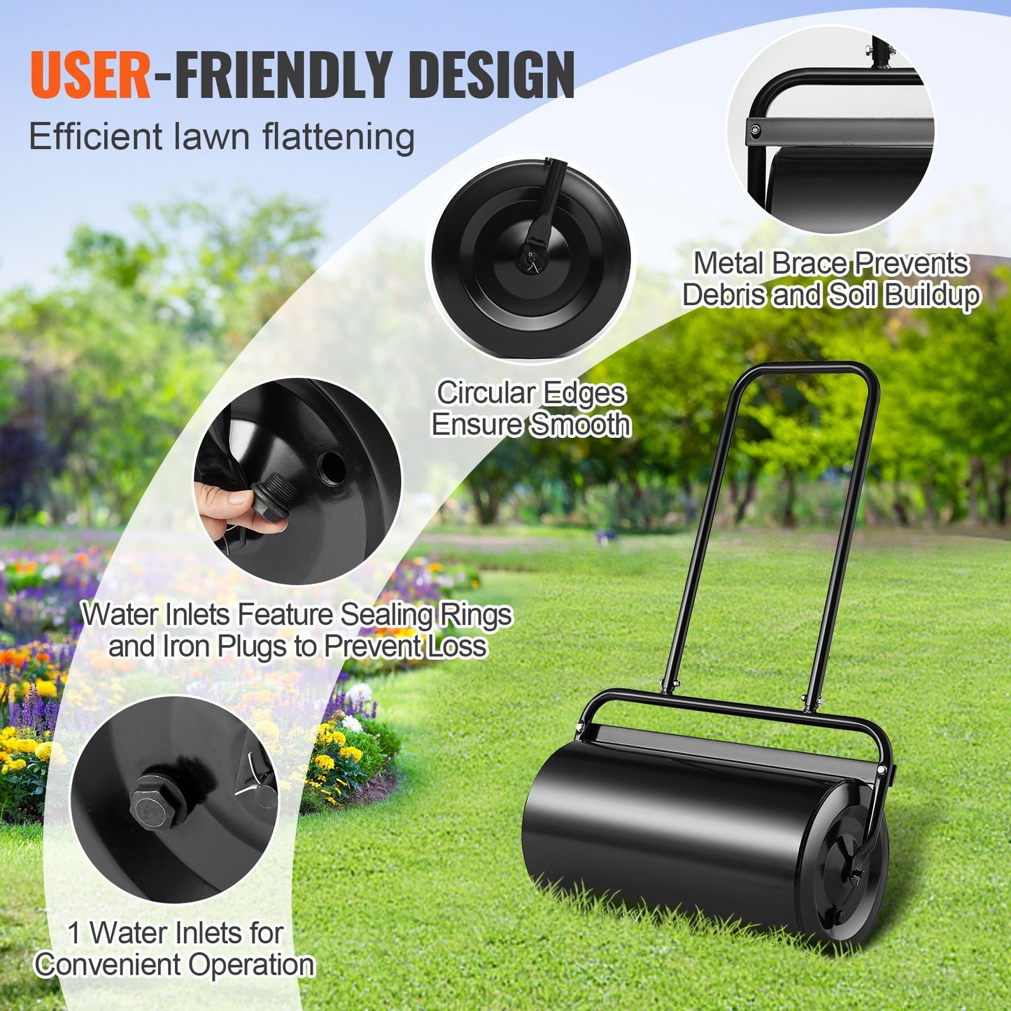 Lawn Roller, 13 Gallon 24Inch Sand/Water Filled Yard Roller, Steel Sod Roller with Easy-turn Plug and V952-TSCPGL13JL24TUFI8V0