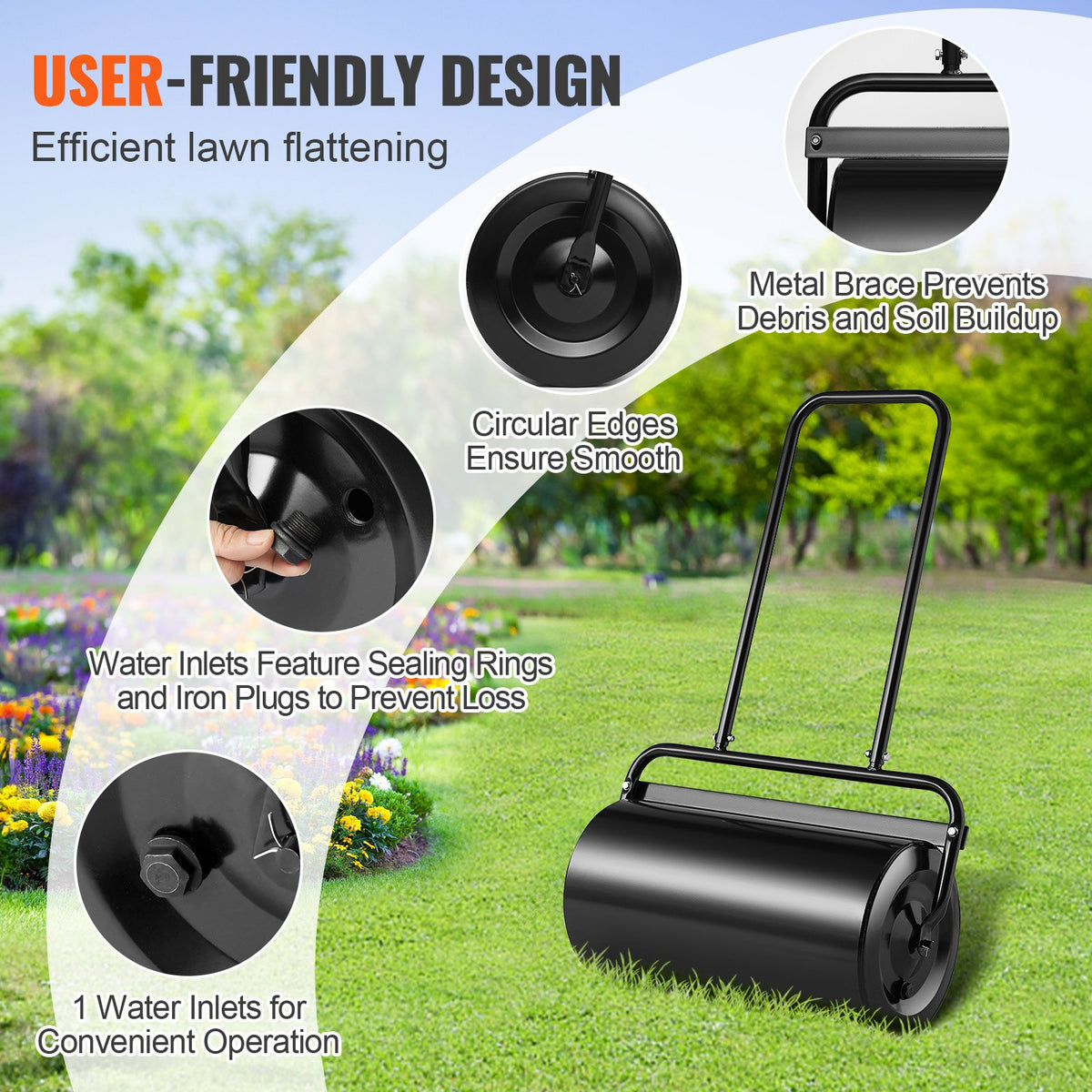 Lawn Roller, 13 Gallon 24Inch Sand/Water Filled Yard Roller, Steel Sod Roller with Easy-turn Plug and V952-TSCPGL13JL24TUFI8V0