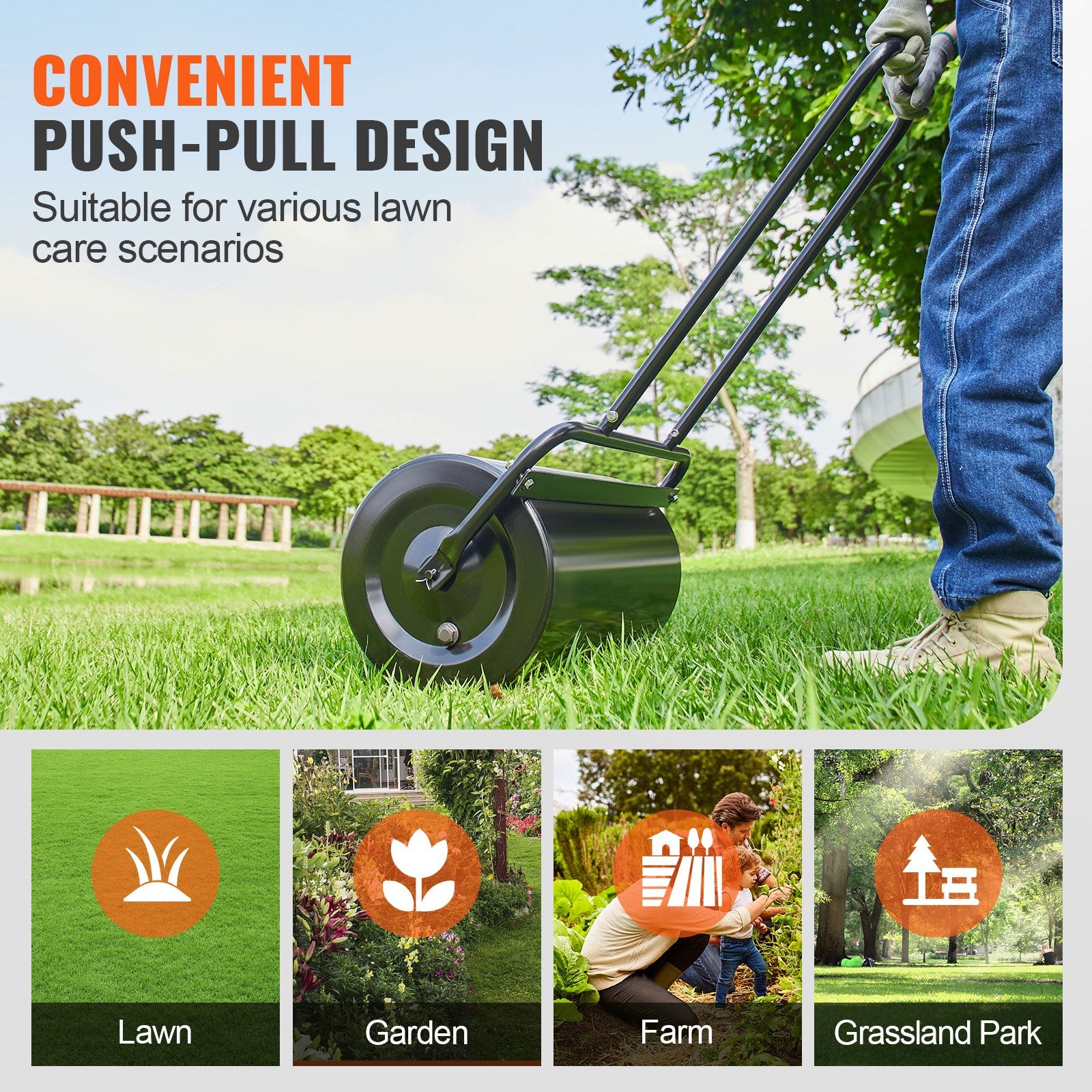 Lawn Roller, 13 Gallon 24Inch Sand/Water Filled Yard Roller, Steel Sod Roller with Easy-turn Plug and V952-TSCPGL13JL24TUFI8V0