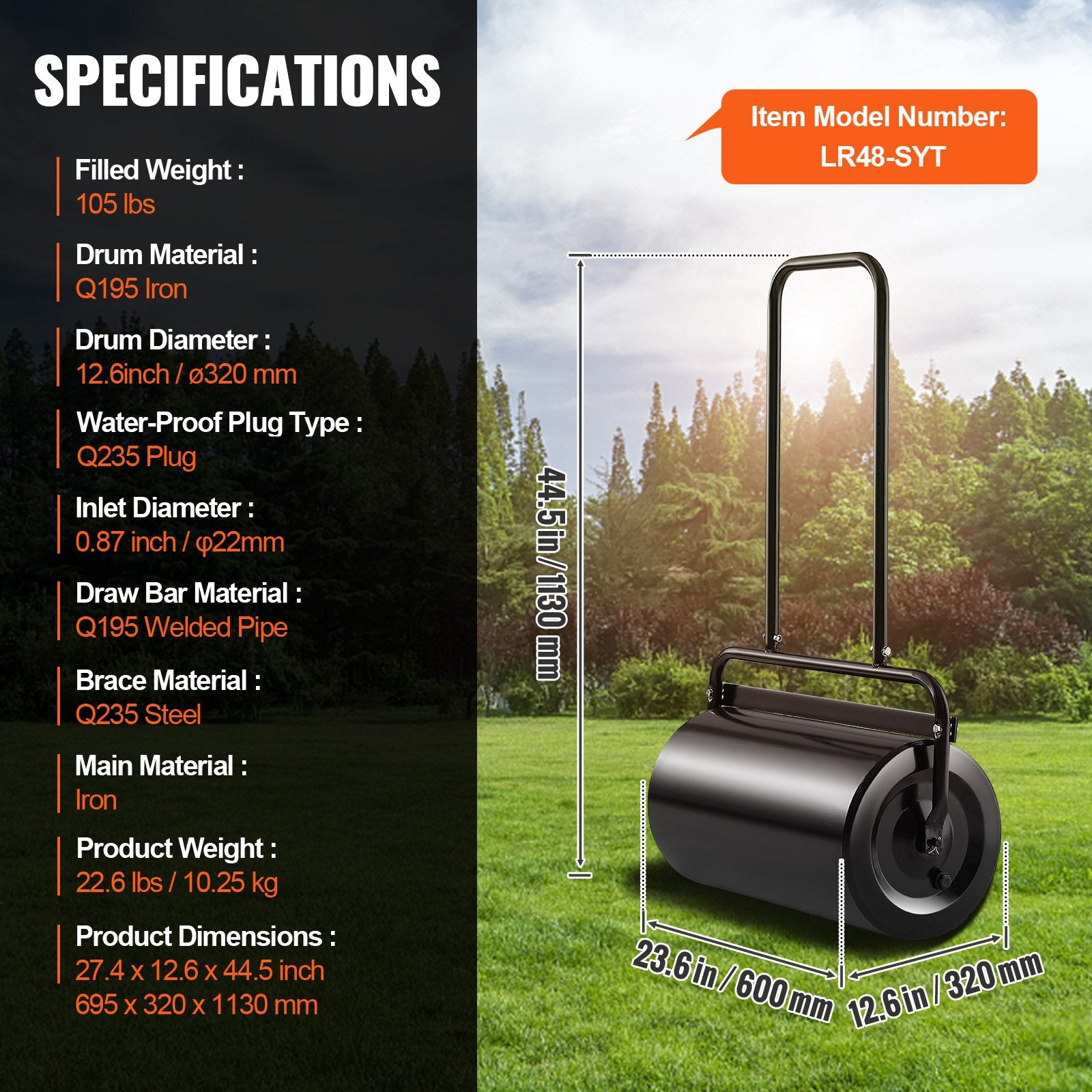 Lawn Roller, 13 Gallon 24Inch Sand/Water Filled Yard Roller, Steel Sod Roller with Easy-turn Plug and V952-TSCPGL13JL24TUFI8V0