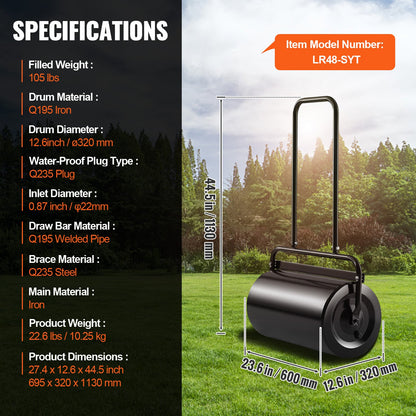 Lawn Roller, 13 Gallon 24Inch Sand/Water Filled Yard Roller, Steel Sod Roller with Easy-turn Plug and V952-TSCPGL13JL24TUFI8V0