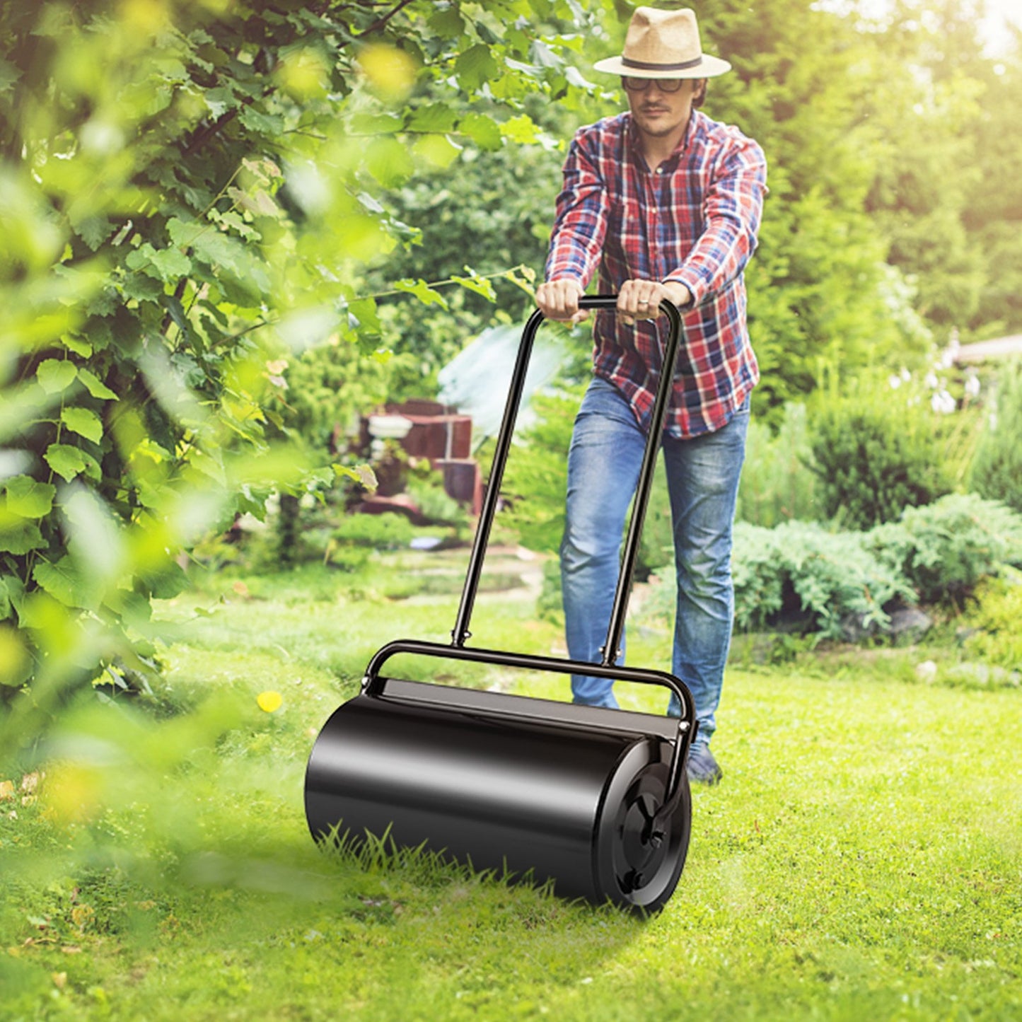 Lawn Roller, 13 Gallon 24Inch Sand/Water Filled Yard Roller, Steel Sod Roller with Easy-turn Plug and V952-TSCPGL13JL24TUFI8V0
