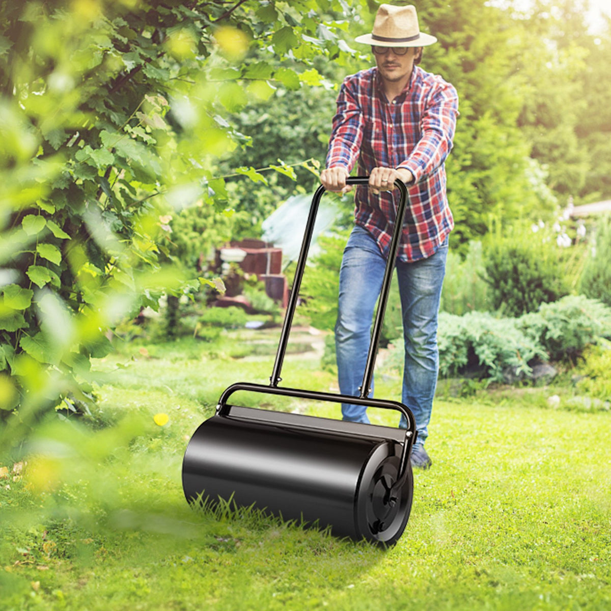 Lawn Roller, 13 Gallon 24Inch Sand/Water Filled Yard Roller, Steel Sod Roller with Easy-turn Plug and V952-TSCPGL13JL24TUFI8V0