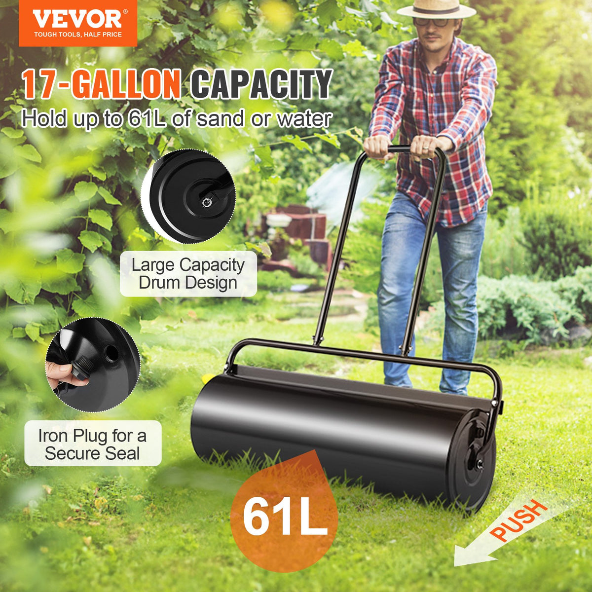 Lawn Roller, 17 Gallon 36 Inch Sand/Water Filled Yard Roller, Steel Sod Roller with Easy-turn Plug and V952-TSCPGL17JL36QEQZ0V0
