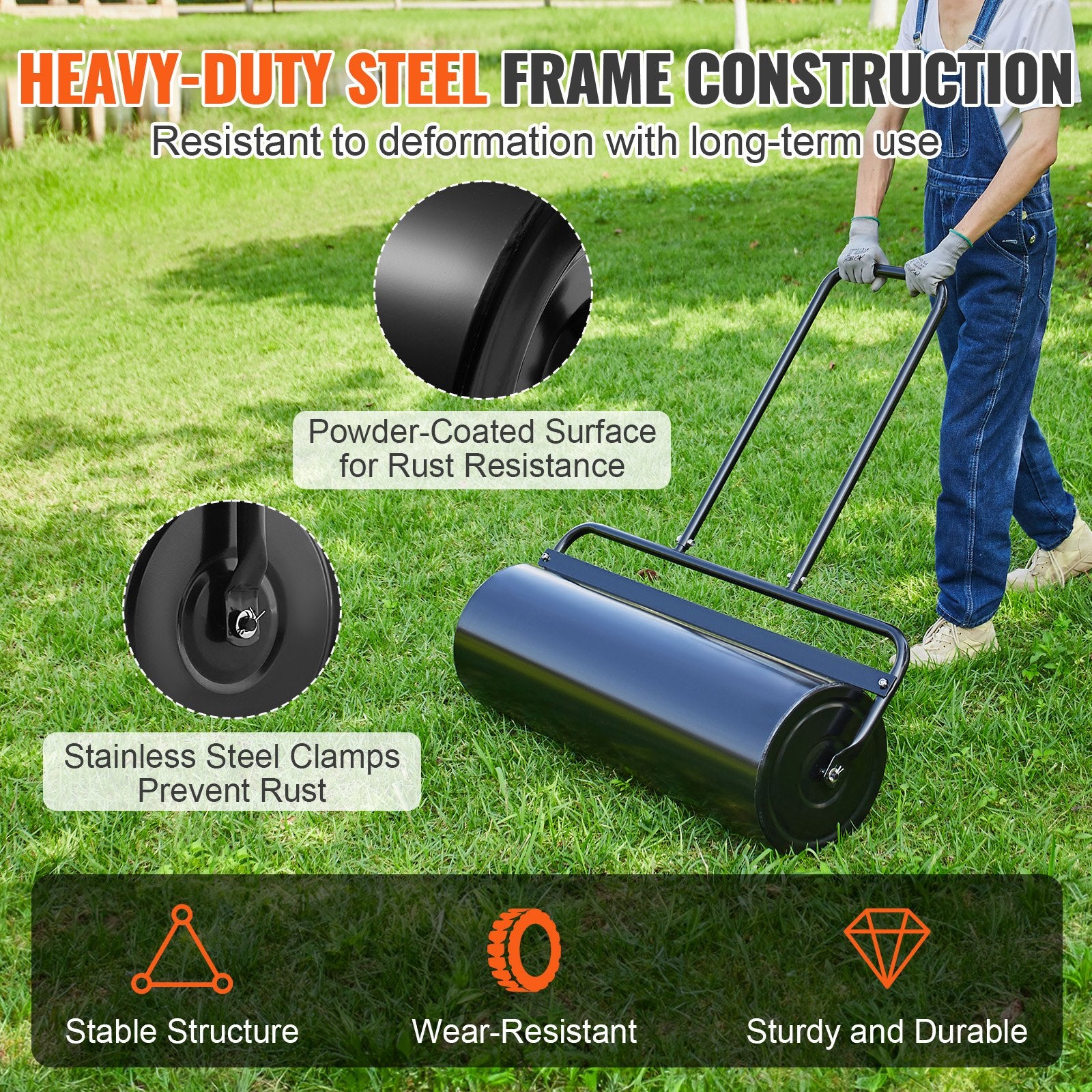 Lawn Roller, 17 Gallon 36 Inch Sand/Water Filled Yard Roller, Steel Sod Roller with Easy-turn Plug and V952-TSCPGL17JL36QEQZ0V0
