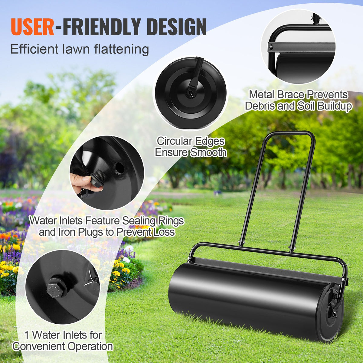 Lawn Roller, 17 Gallon 36 Inch Sand/Water Filled Yard Roller, Steel Sod Roller with Easy-turn Plug and V952-TSCPGL17JL36QEQZ0V0