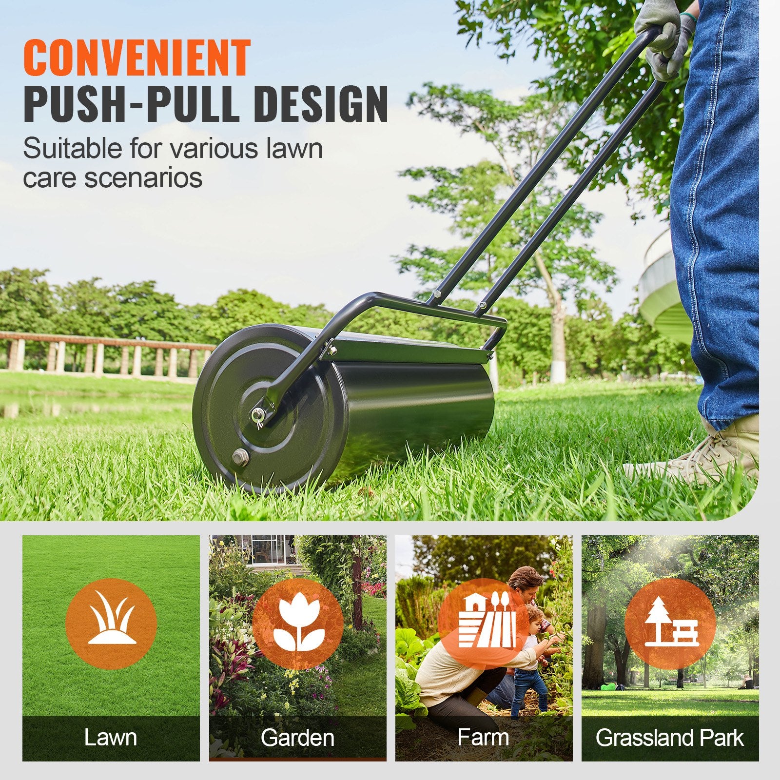 Lawn Roller, 17 Gallon 36 Inch Sand/Water Filled Yard Roller, Steel Sod Roller with Easy-turn Plug and V952-TSCPGL17JL36QEQZ0V0