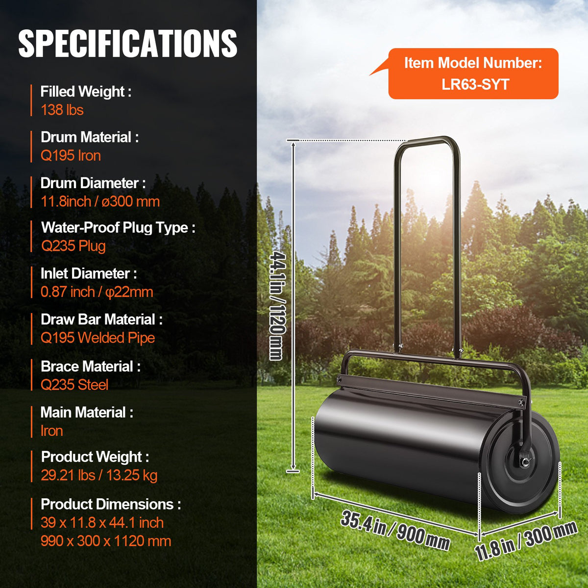 Lawn Roller, 17 Gallon 36 Inch Sand/Water Filled Yard Roller, Steel Sod Roller with Easy-turn Plug and V952-TSCPGL17JL36QEQZ0V0