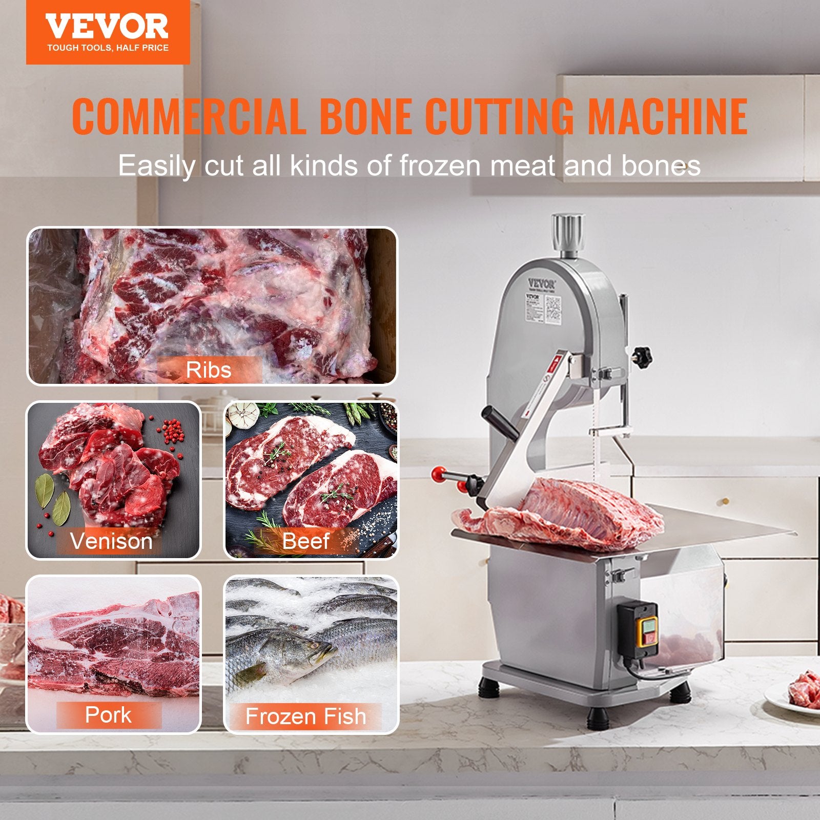 Commercial Electric Meat Bandsaw, 1100W Stainless Steel Countertop Bone Sawing Machine, Workbeach 19.3" x V952-TSJGJ1100W420AHCPV3