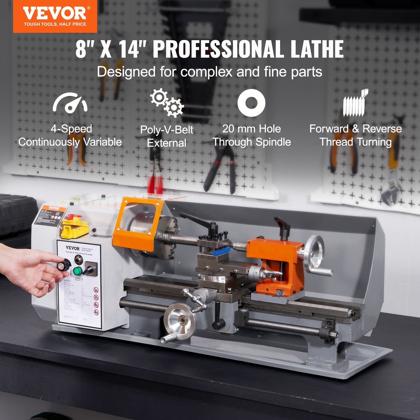 Metal Lathe Machine, 200 mm x 350 mm, Precision Benchtop Power Metal Lathe, 50-2500 RPM Continuously Variable V952-TSJSCCYSDJ200ZM3GV3