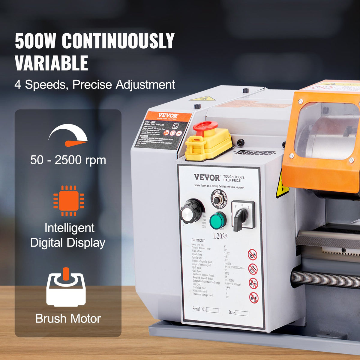 Metal Lathe Machine, 200 mm x 350 mm, Precision Benchtop Power Metal Lathe, 50-2500 RPM Continuously Variable V952-TSJSCCYSDJ200ZM3GV3