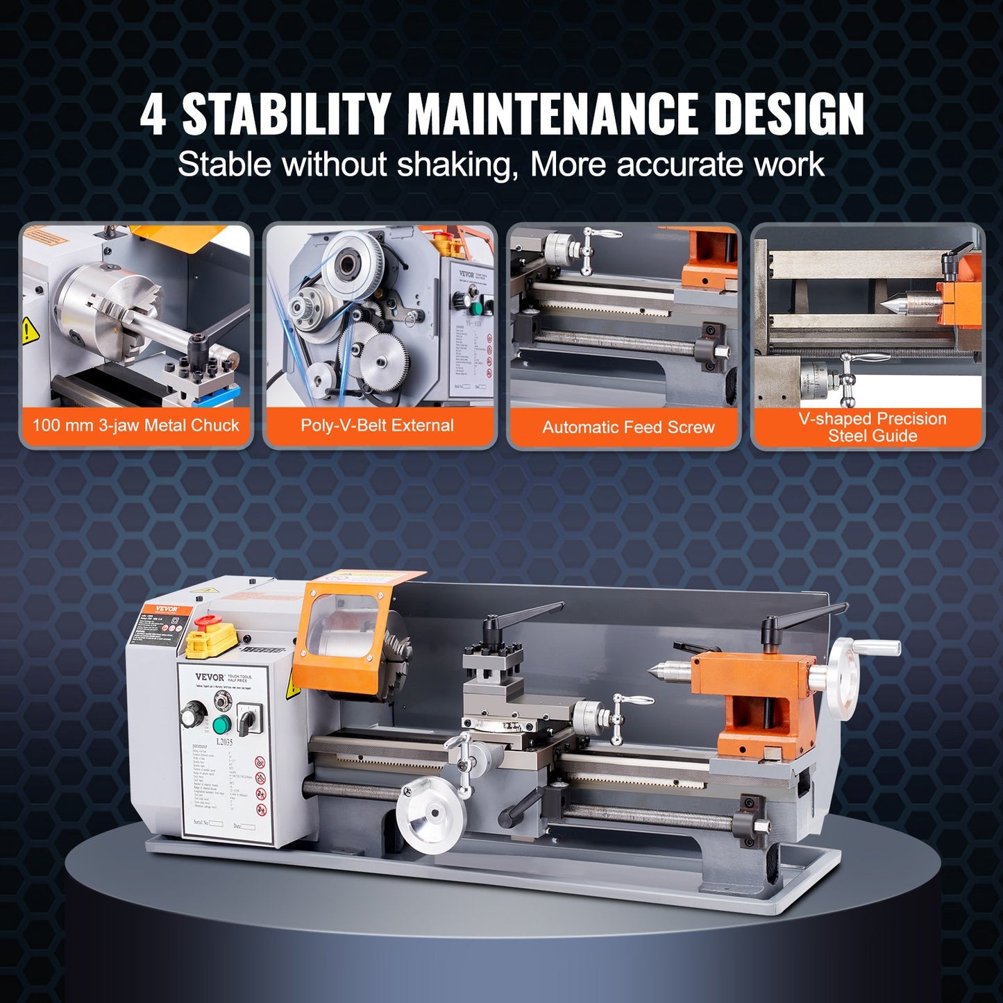 Metal Lathe Machine, 200 mm x 350 mm, Precision Benchtop Power Metal Lathe, 50-2500 RPM Continuously Variable V952-TSJSCCYSDJ200ZM3GV3