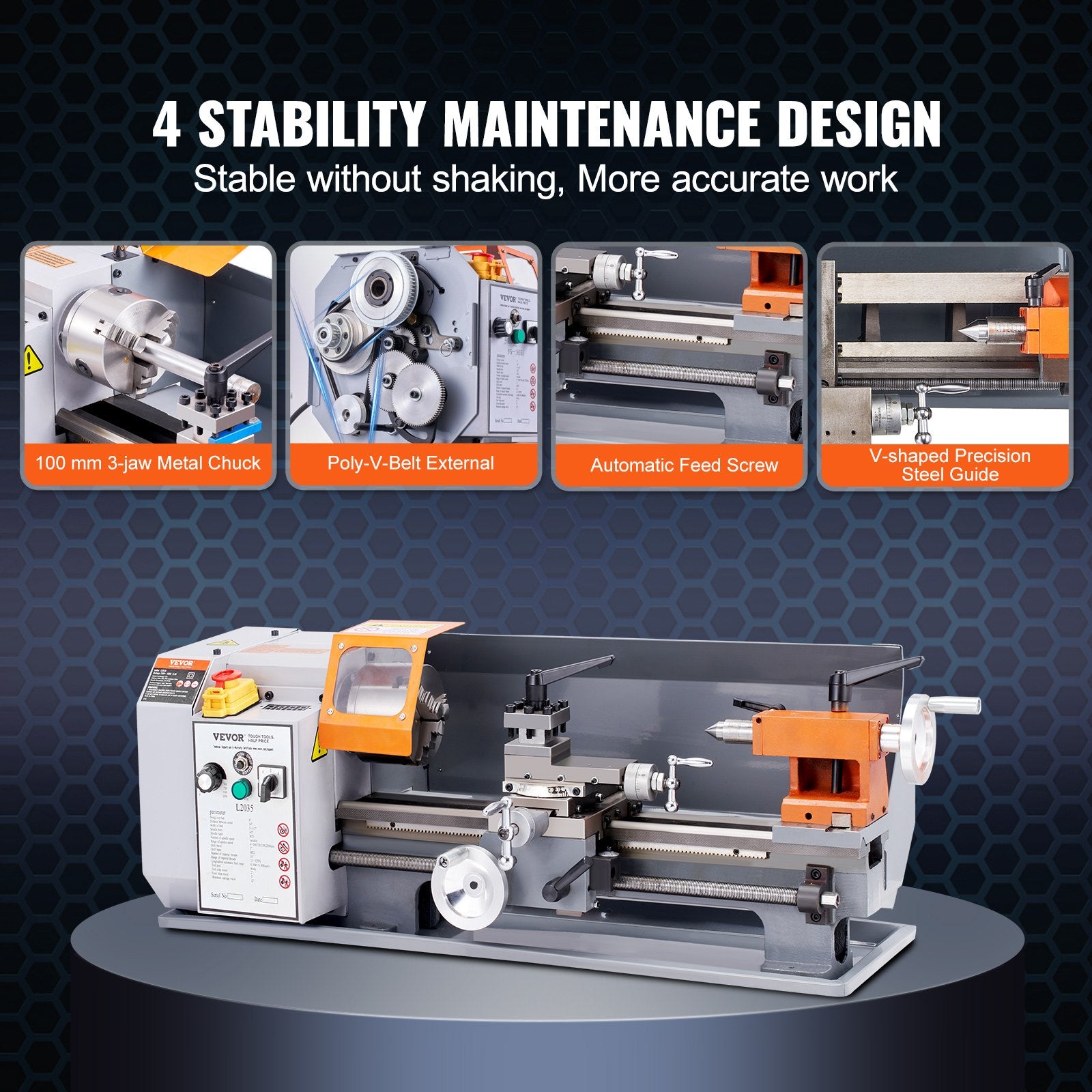 Metal Lathe Machine, 200 mm x 350 mm, Precision Benchtop Power Metal Lathe, 50-2500 RPM Continuously Variable V952-TSJSCCYSDJ200ZM3GV3