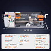 Metal Lathe Machine, 200 mm x 350 mm, Precision Benchtop Power Metal Lathe, 50-2500 RPM Continuously Variable V952-TSJSCCYSDJ200ZM3GV3