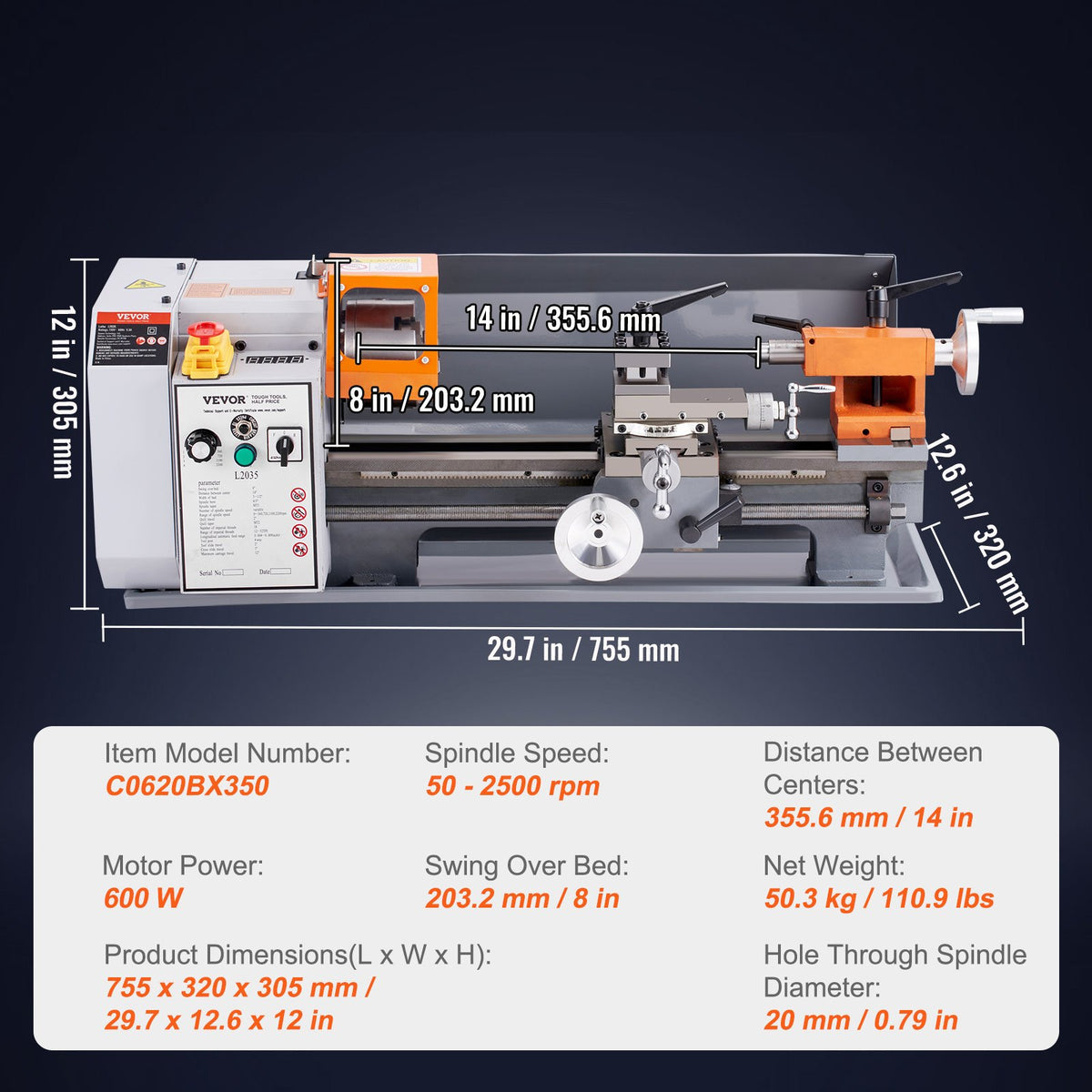 Metal Lathe Machine, 200 mm x 350 mm, Precision Benchtop Power Metal Lathe, 50-2500 RPM Continuously Variable V952-TSJSCCYSDJ200ZM3GV3