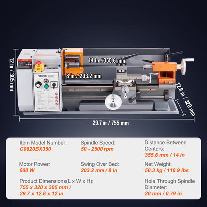 Metal Lathe Machine, 200 mm x 350 mm, Precision Benchtop Power Metal Lathe, 50-2500 RPM Continuously Variable V952-TSJSCCYSDJ200ZM3GV3