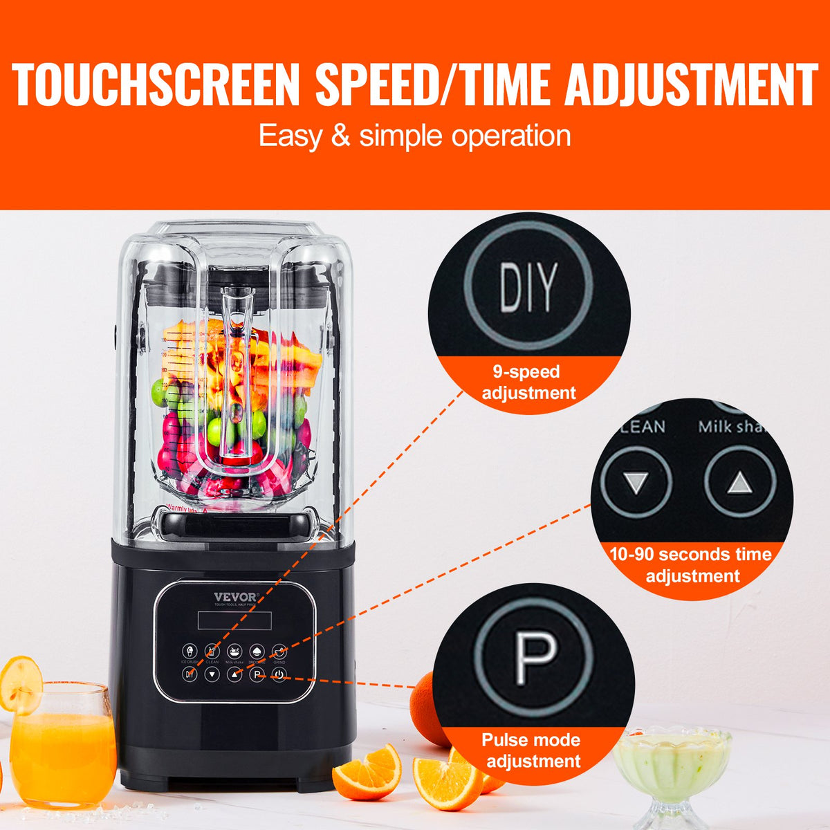 Professional Blender with Shield, Commercial Countertop Blenders, 2L Jar Blender Combo, Stainless Steel 9 V952-TSSBJ20L1600W4DTQV3
