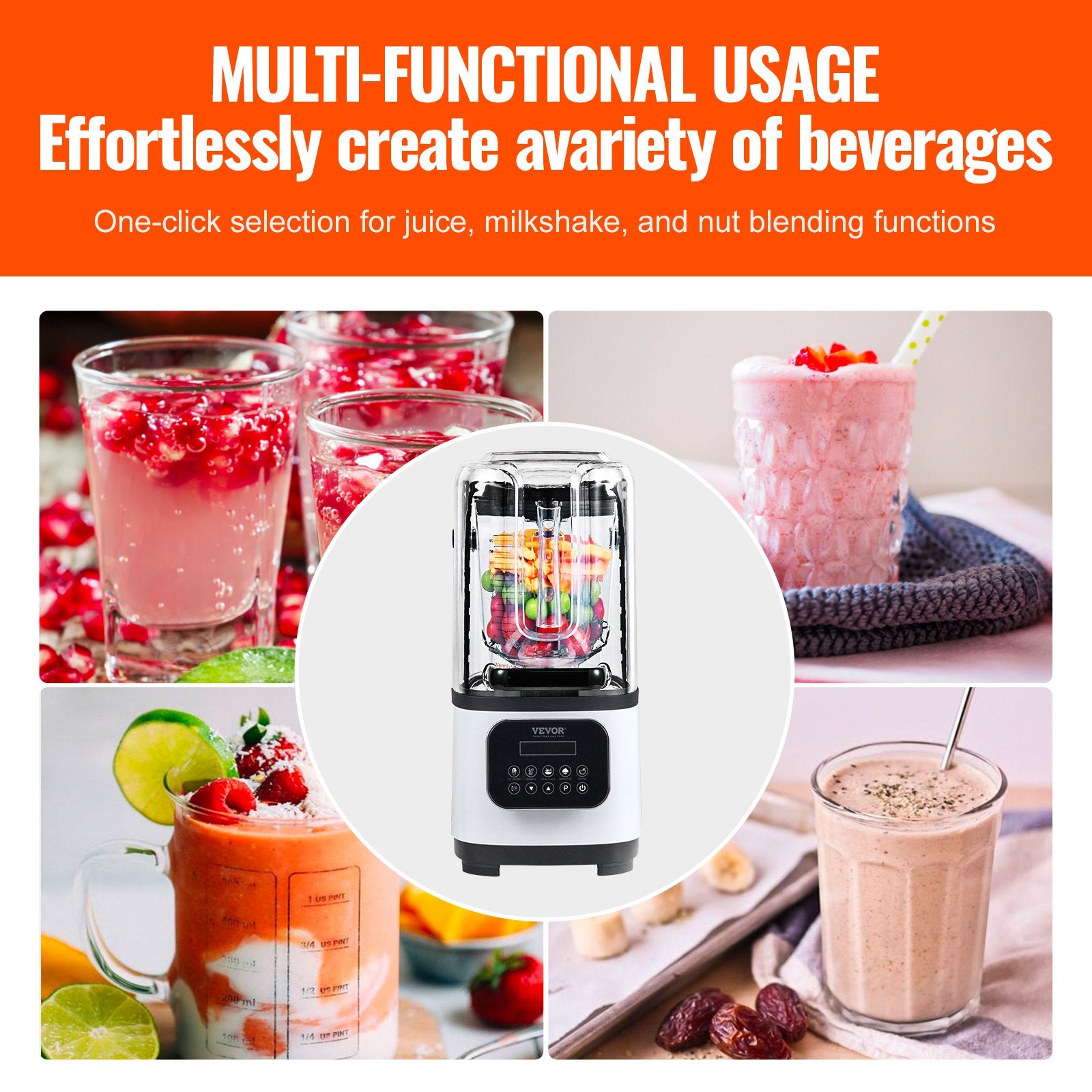 Professional Blender with Shield, Commercial Countertop Blenders, 2L Jar Blender Combo, Stainless Steel 9 V952-TSSBJ20L1600WCAX2V3