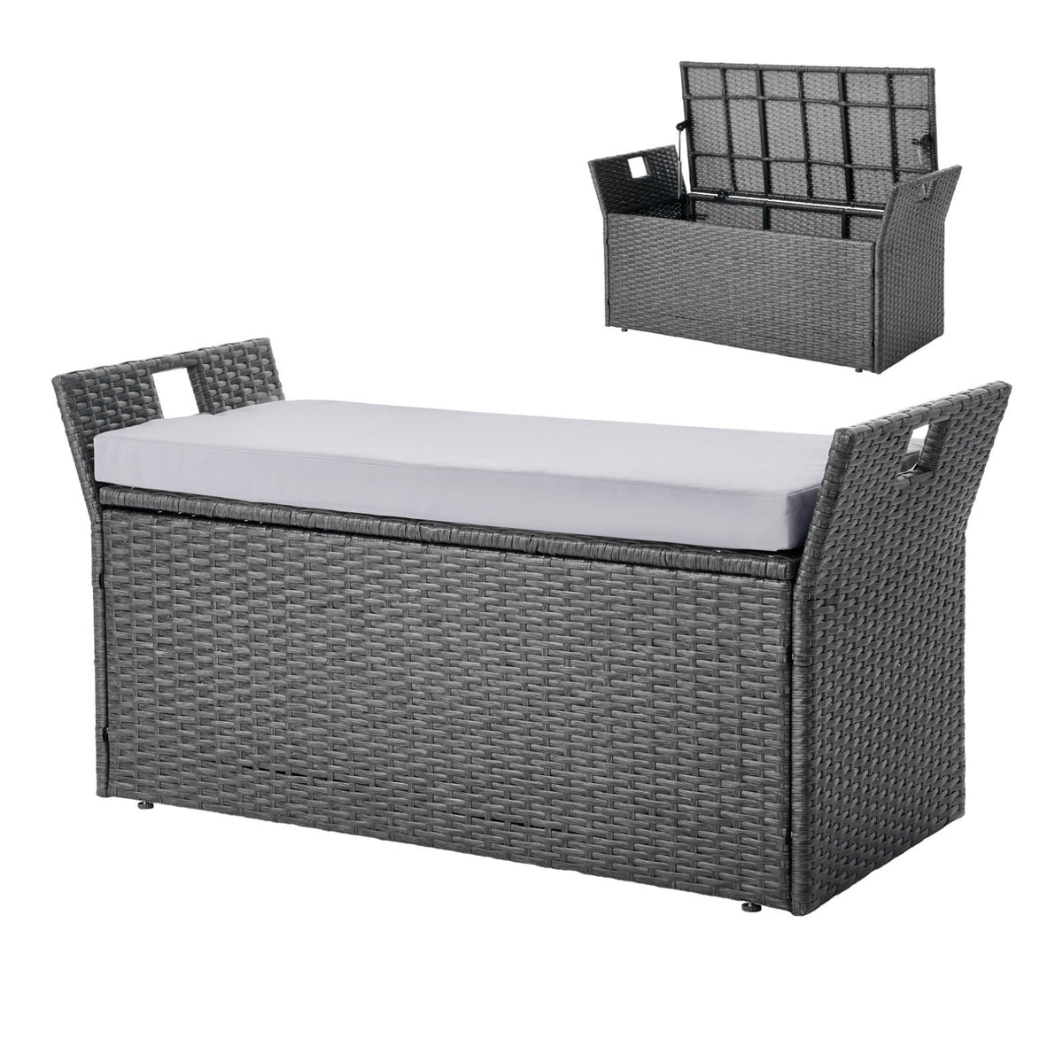 Outdoor Storage Bench, 2-Person PE Rattan Storage Bench, 151L Deck Box with Cushion & Side Handle, Supports V952-TTHWCWZDTT402V9MA001V0