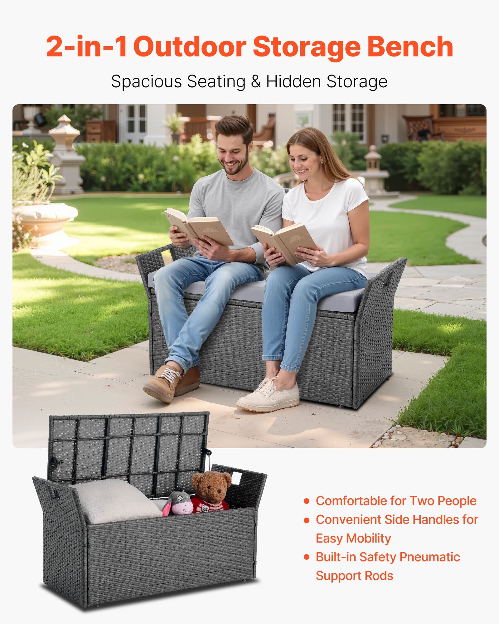 Outdoor Storage Bench, 2-Person PE Rattan Storage Bench, 151L Deck Box with Cushion & Side Handle, Supports V952-TTHWCWZDTT402V9MA001V0
