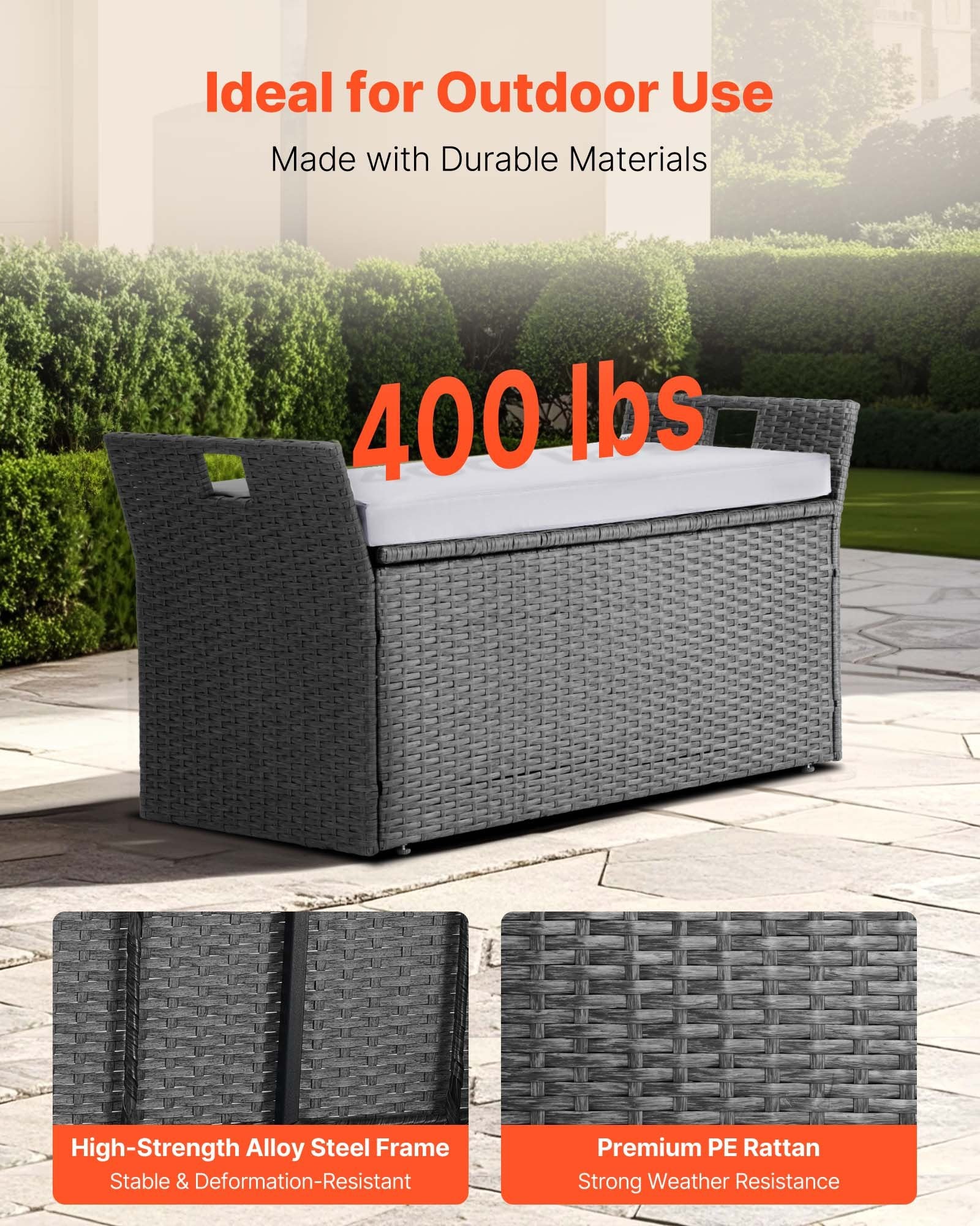 Outdoor Storage Bench, 2-Person PE Rattan Storage Bench, 151L Deck Box with Cushion & Side Handle, Supports V952-TTHWCWZDTT402V9MA001V0