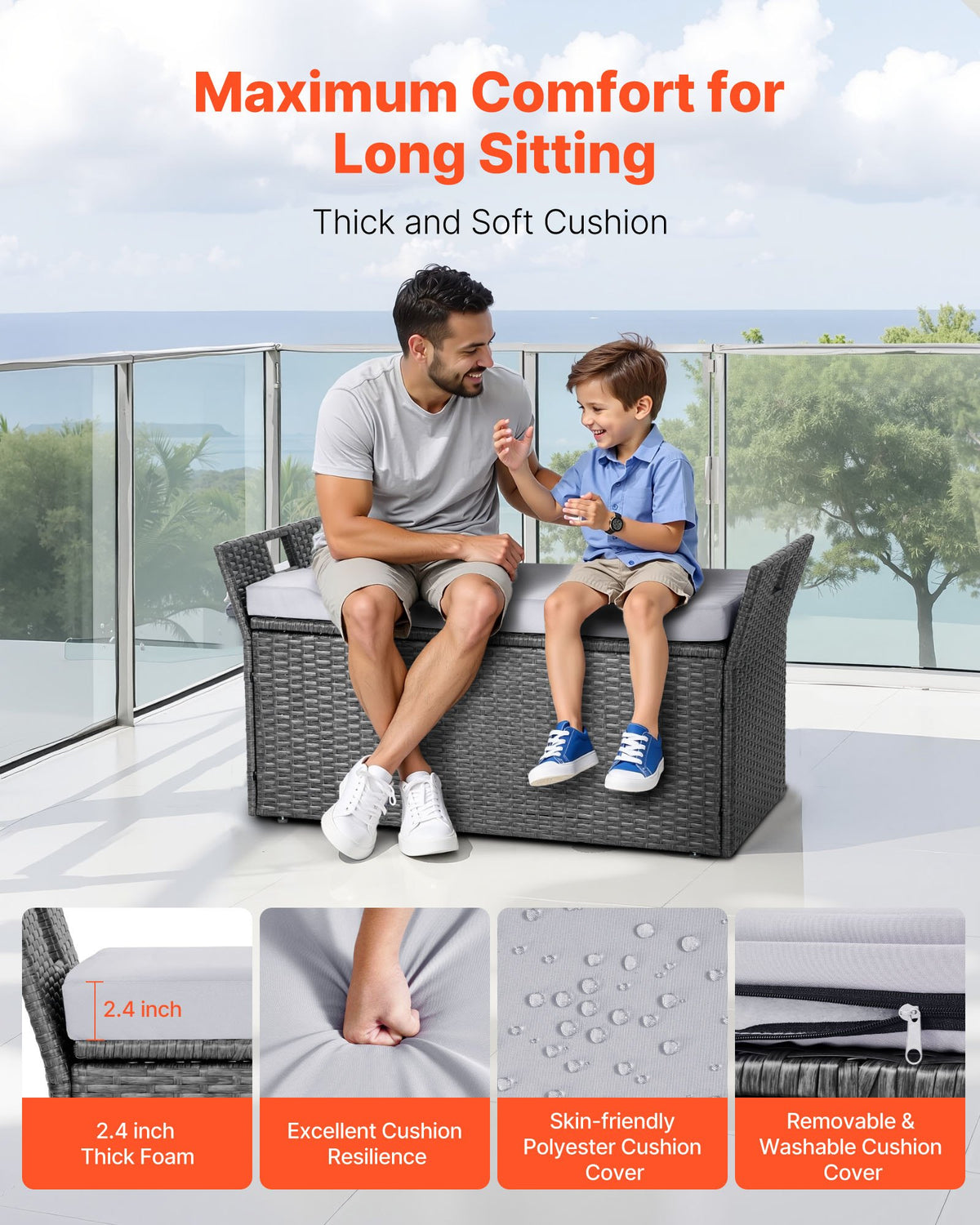 Outdoor Storage Bench, 2-Person PE Rattan Storage Bench, 151L Deck Box with Cushion & Side Handle, Supports V952-TTHWCWZDTT402V9MA001V0
