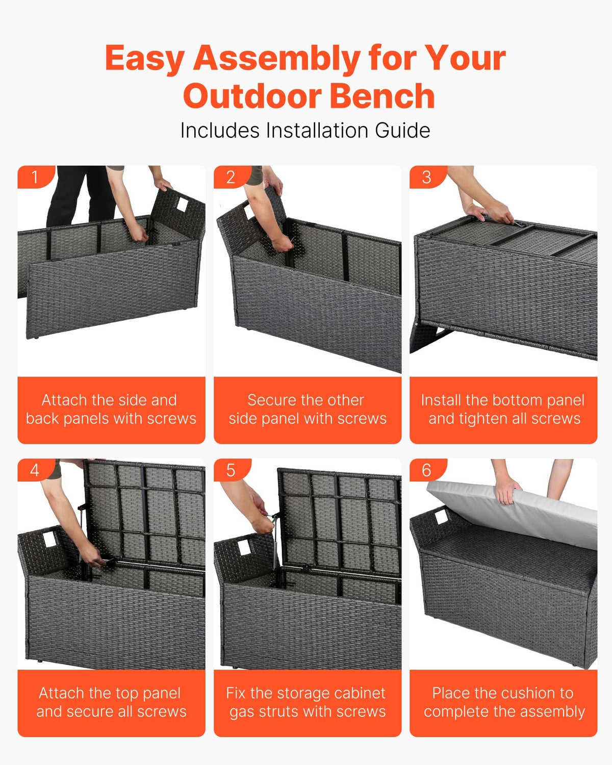 Outdoor Storage Bench, 2-Person PE Rattan Storage Bench, 151L Deck Box with Cushion & Side Handle, Supports V952-TTHWCWZDTT402V9MA001V0