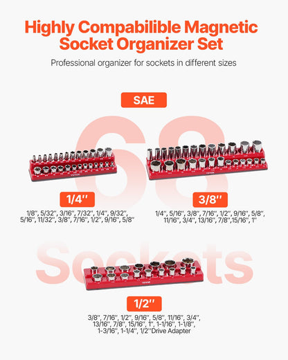 Magnetic Socket Organizer Set, 3PCS Magnetic Socket Holder, 1/4'', 3/8'' & 1/2'' SAE Socket Trays with Clear V952-TTJCXSH3JTCXWW22RV0