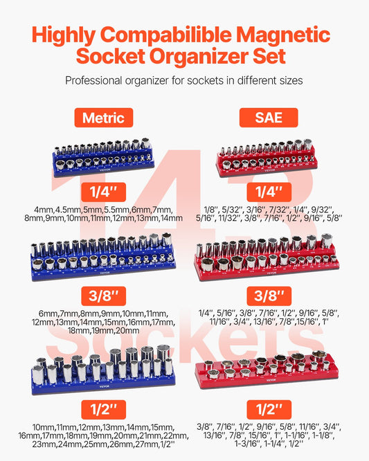 Magnetic Socket Organizer Set, 6PCS Socket Holder, 1/4'', 3/8'' & 1/2'' Metric SAE Socket Trays with Clear V952-TTJCXSHL6JTC3DNUPV0