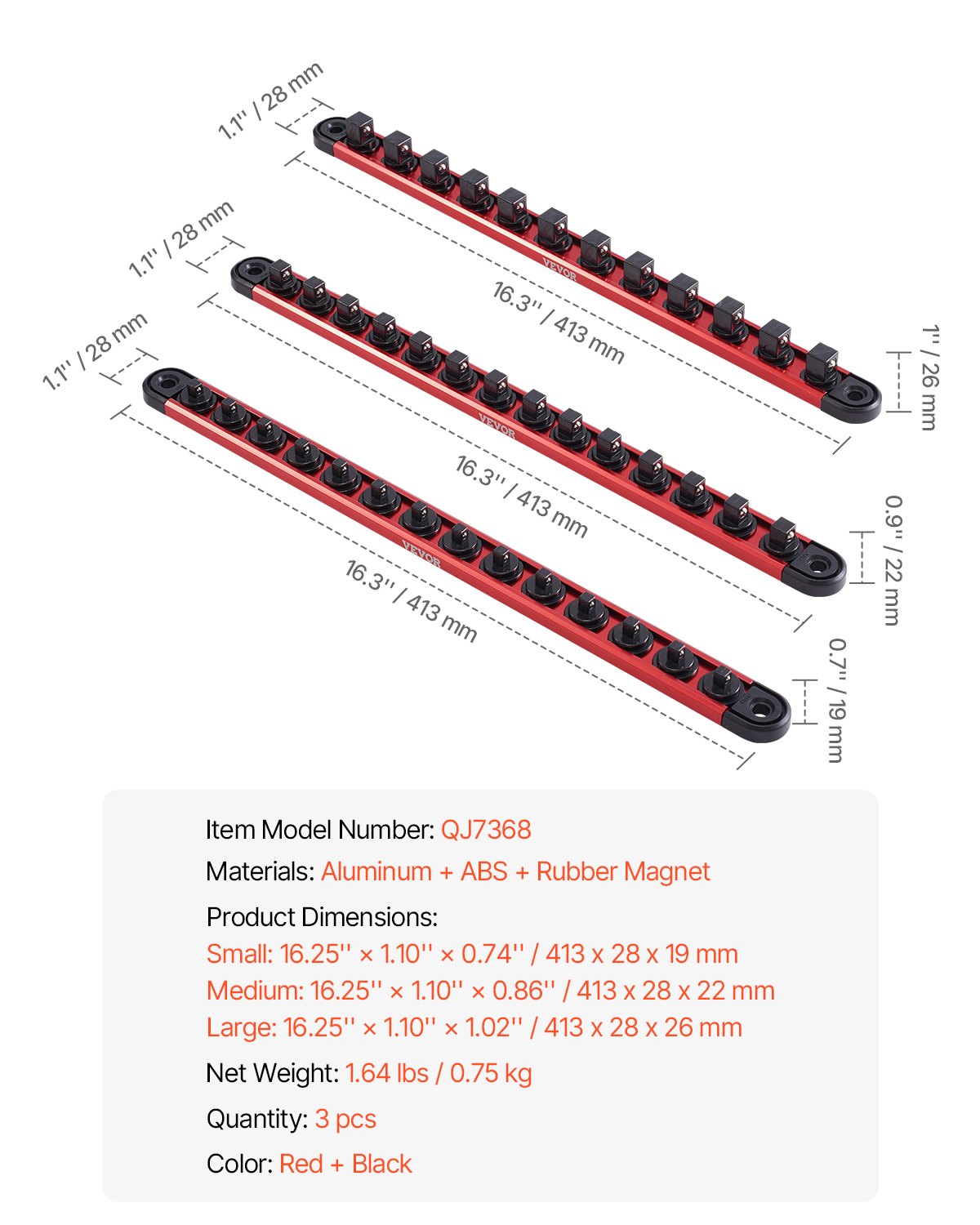 Socket Organizer Rail Set, 3PCS Metric & SAE Aluminum Socket Organizers, 1/4'', 3/8'' & 1/2'' Heavy-Duty V952-TTJGDSHH3JTC5JFN1V0
