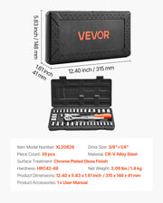 Socket Set, 39 Pieces, 9.5 & 6.4 mm Drive Socket and Ratchet Set, SAE and Metric Size, Mechanic Tool Kit with V952-TTJLBSZJTTJLESFRV001V0