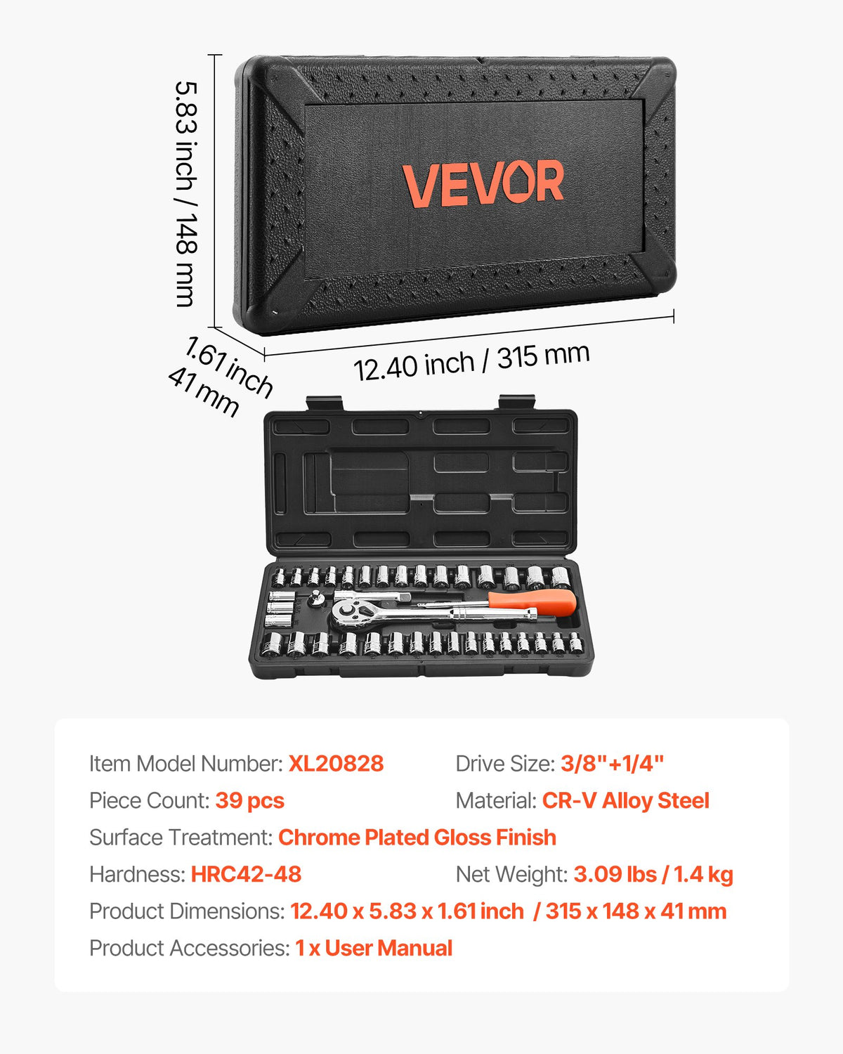 Socket Set, 39 Pieces, 9.5 & 6.4 mm Drive Socket and Ratchet Set, SAE and Metric Size, Mechanic Tool Kit with V952-TTJLBSZJTTJLESFRV001V0