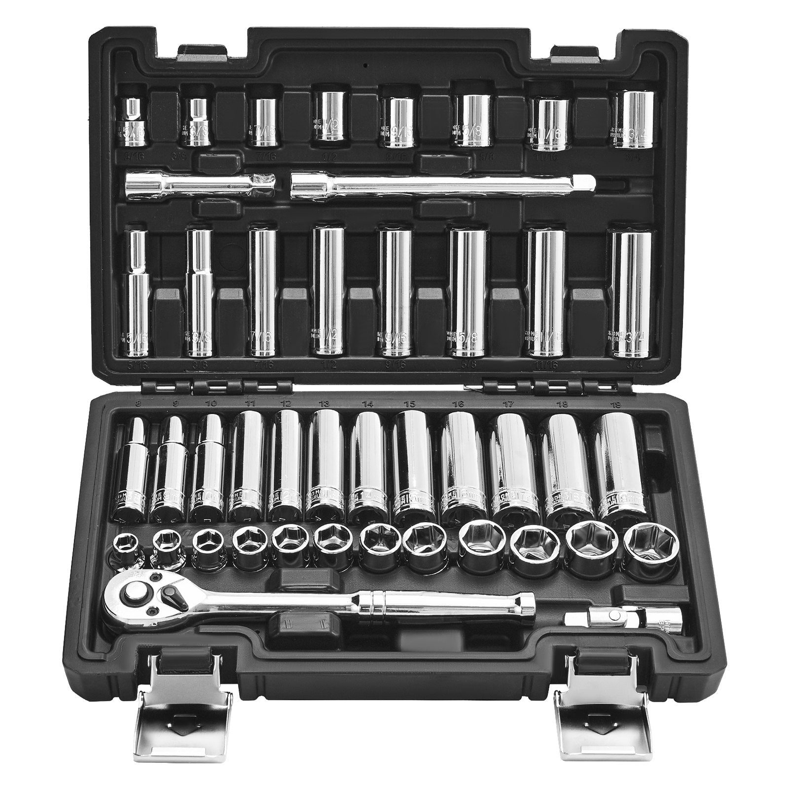 Socket Set, 44 Pieces, 9.5 mm Drive Socket and Ratchet Set, SAE and Metric, Deep and Shallow, Mechanic Tool V952-TTJLBSZJTTJLGYKSQ001V0