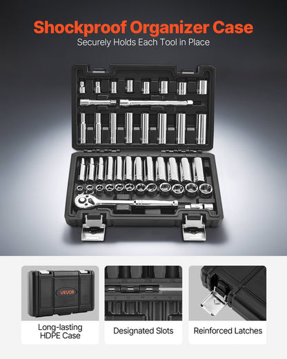 Socket Set, 44 Pieces, 9.5 mm Drive Socket and Ratchet Set, SAE and Metric, Deep and Shallow, Mechanic Tool V952-TTJLBSZJTTJLGYKSQ001V0