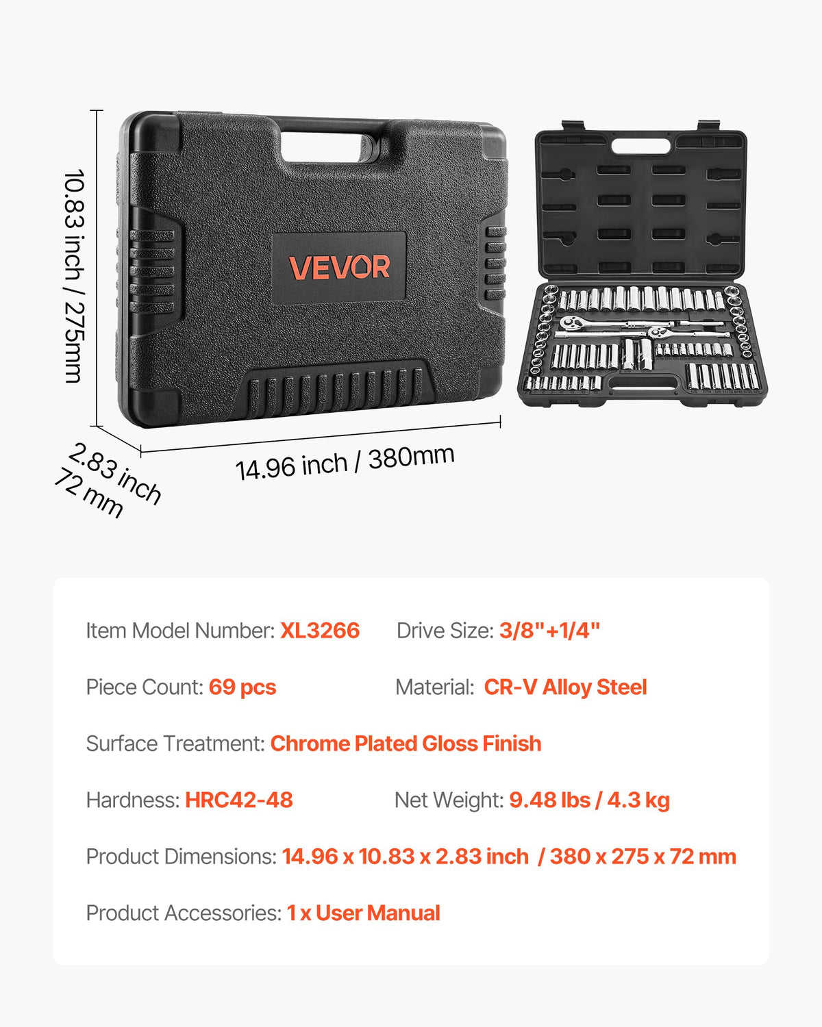 Socket Set, 69 Pieces, 9.5 & 6.4 mm Drive Socket and Ratchet Set, SAE and Metric, Deep and Standard, Mechanic V952-TTJLBSZJTTJLJ85A3001V0