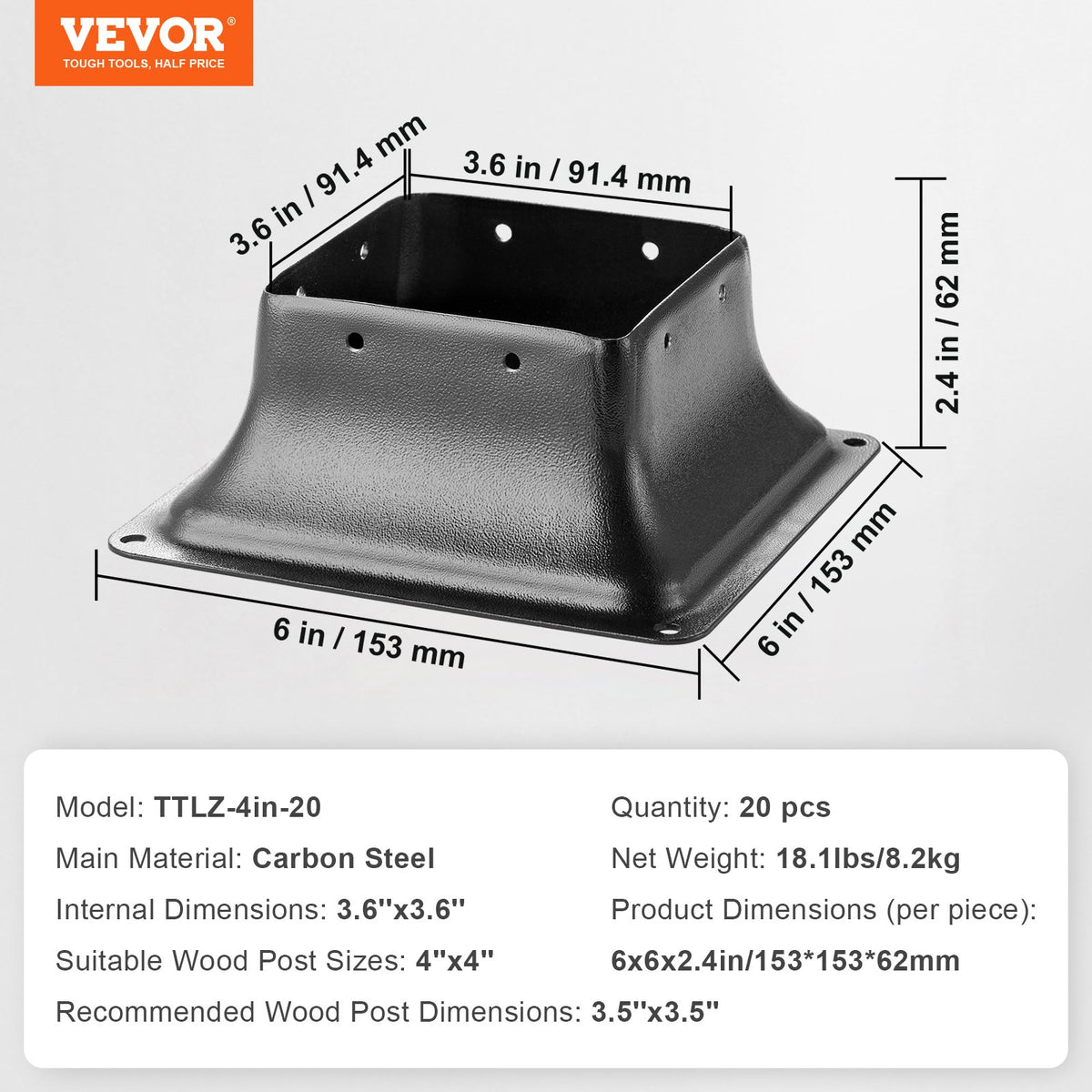 101.6x101.6mm Post Base 20Pcs, Internal 91x91mm Heavy Duty Powder-Coated Steel Post Bracket Fit for Standard V952-TTLZDZTG44YCLG0RVV0