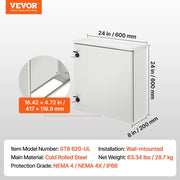 Electrical Enclosure, 24\'\' x 24\'\' x 8\'\', UL Certified NEMA 4 Outdoor Enclosure, IP65 Waterproof & V952-TUL60X60X20CMW0NQV0