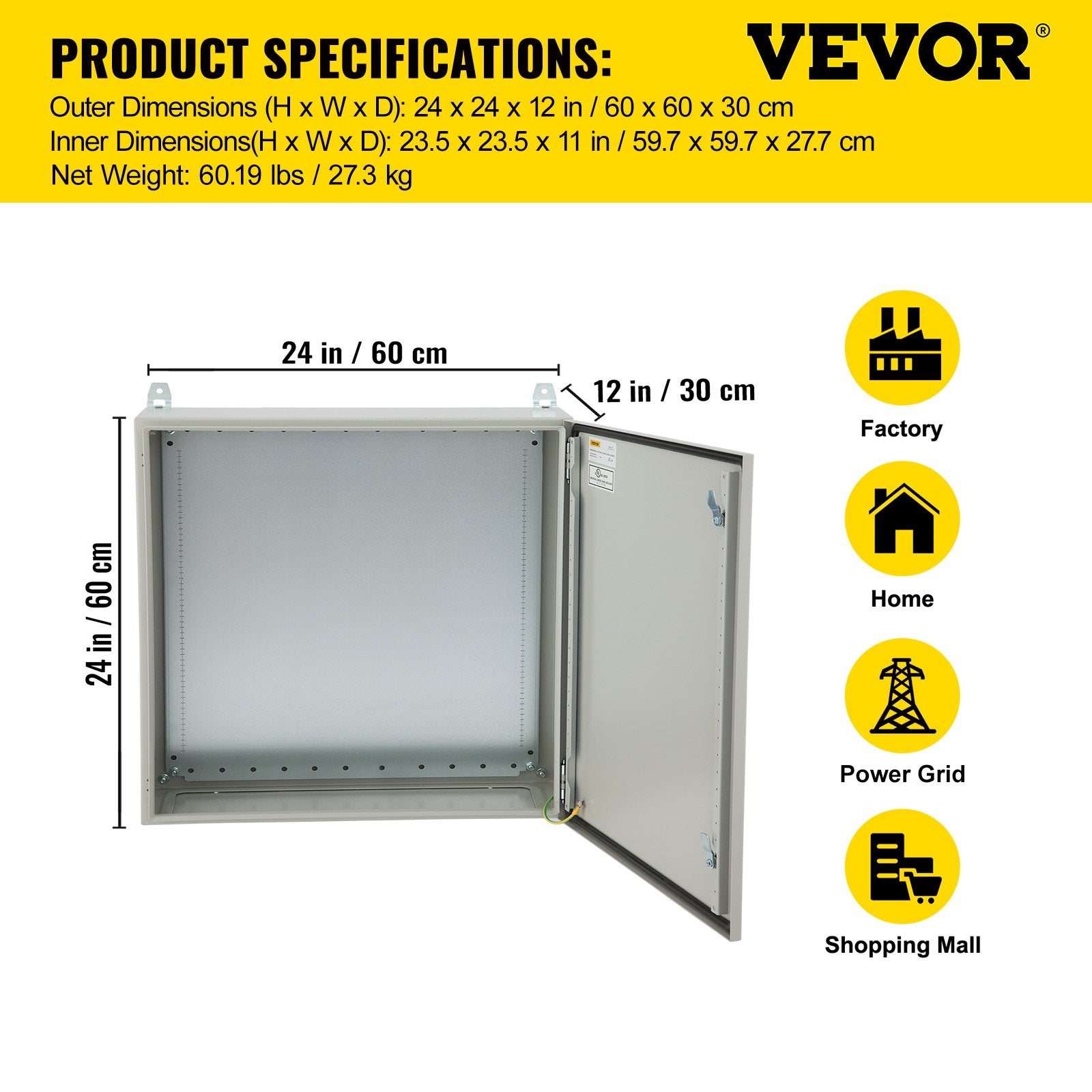 Electrical Steel Enclosure Box NEMA 4 Outdoor Enclosure 24 x 24 x 12'' UL V952-TUL60X60X30CMB2JPV0