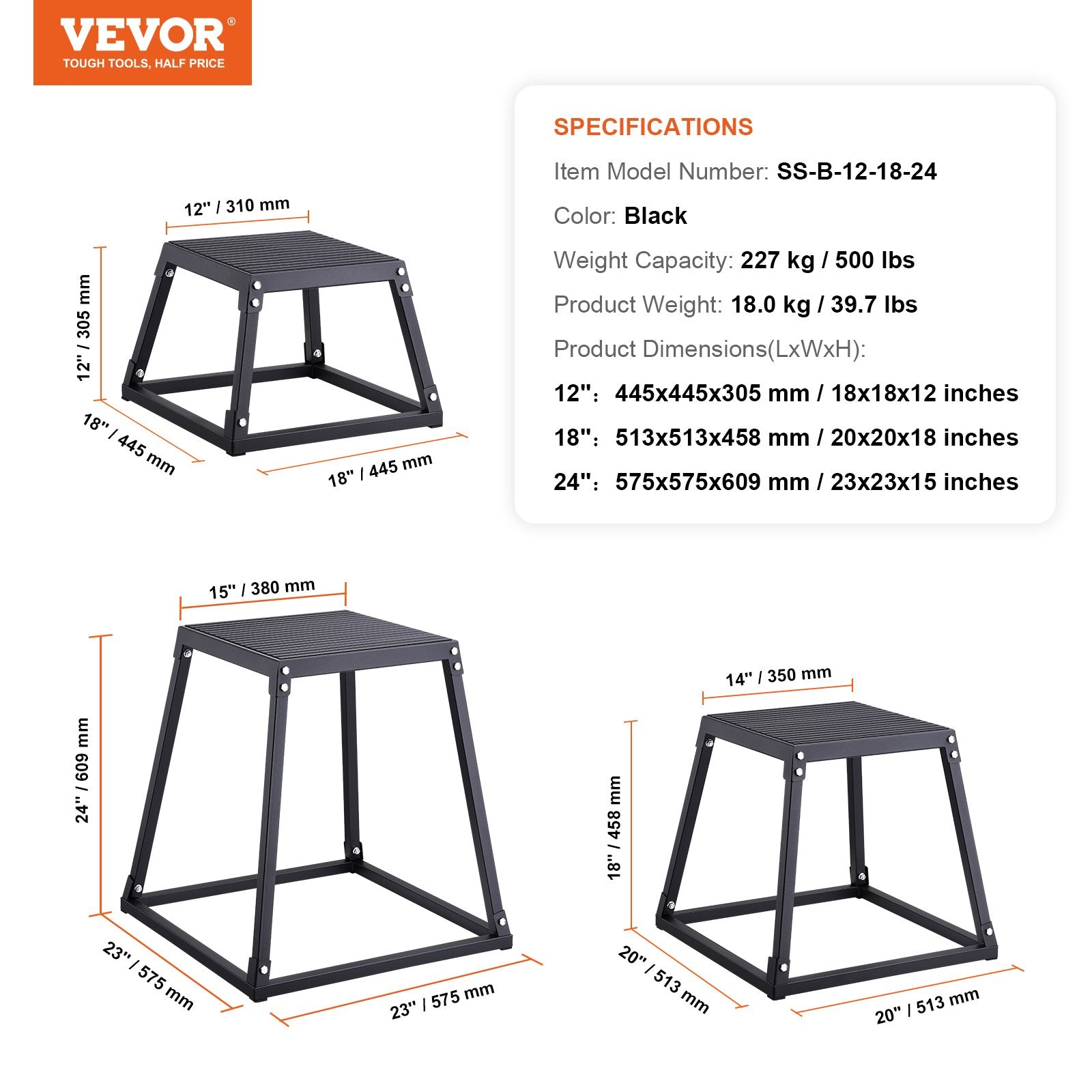 Plyometric Jump Boxes, 12/18/24 Inch Plyo Box, Platform and Jumping Agility Box, Anti-Slip Fitness Exercise V952-TXTD12YC18YC09SXRV0