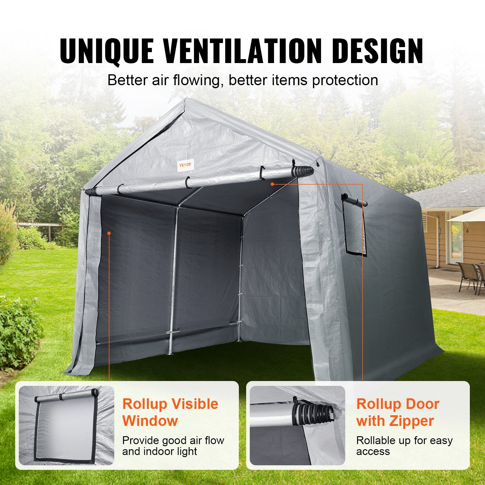 Protable Stotage Shelter Garage Stotage Shed 7 x 12 x 7.36ft & Zipper Door V952-TYCWP7FTX12FTTUICV0