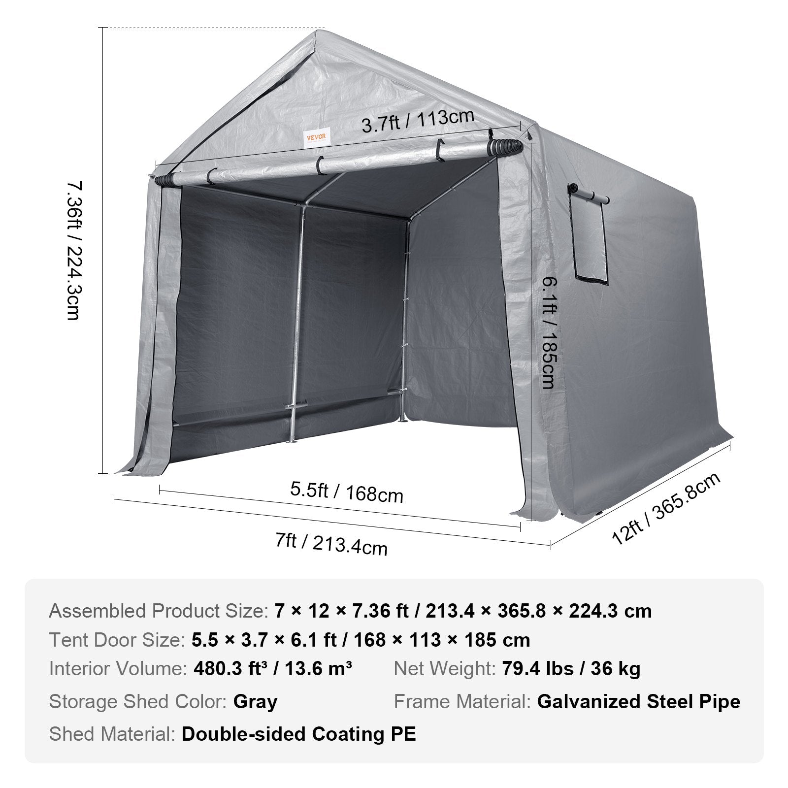 Protable Stotage Shelter Garage Stotage Shed 7 x 12 x 7.36ft & Zipper Door V952-TYCWP7FTX12FTTUICV0