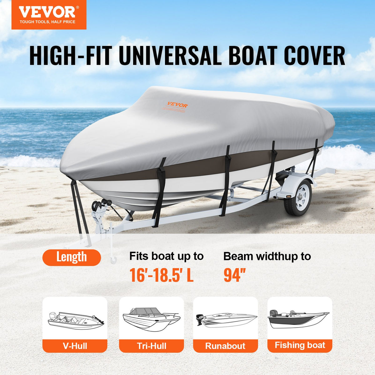 Boat Cover 600D Waterproof 16-18.5 ft Boat Cover V-Hull Tri-Hull Runabout V952-TYCZ600D1618F6PXLV0