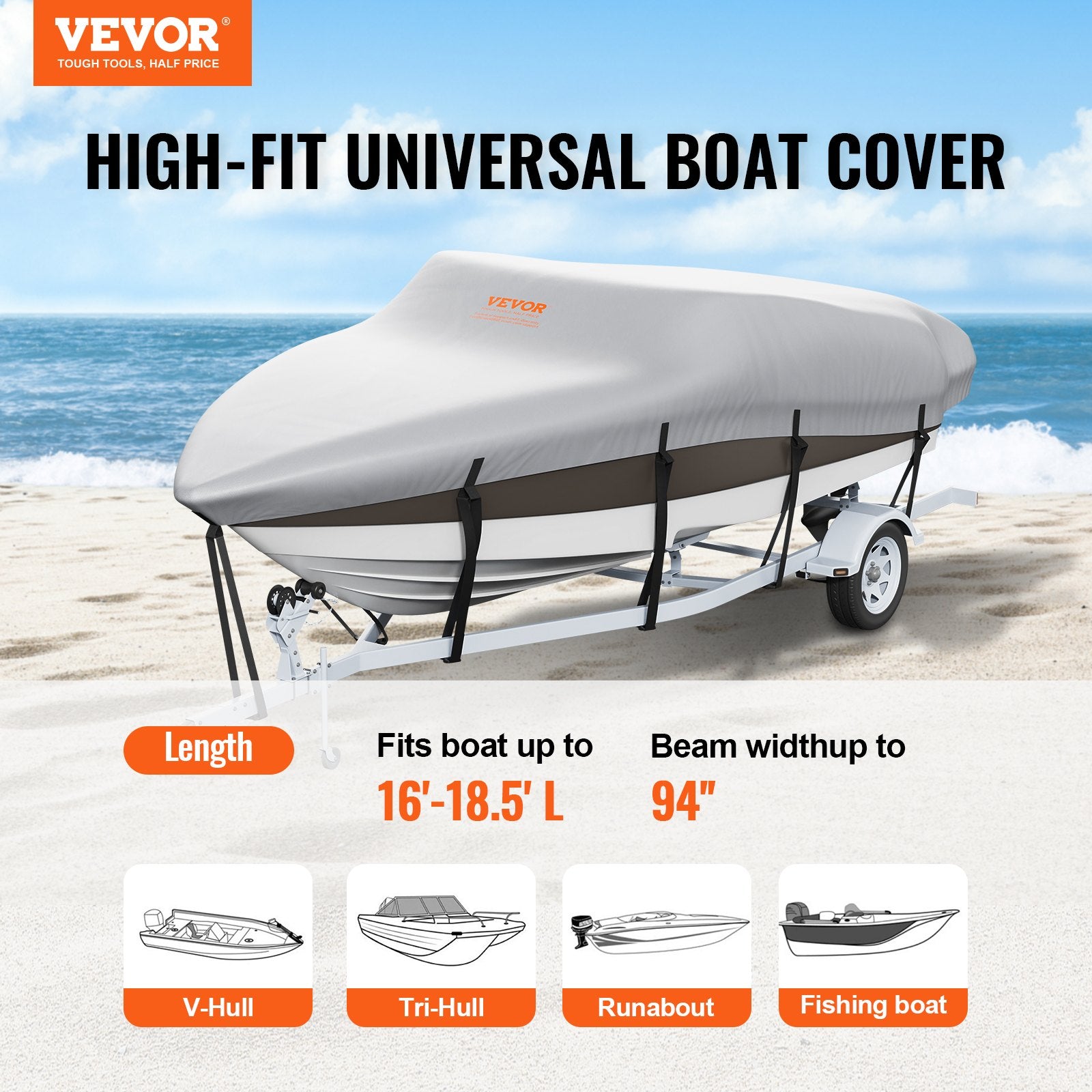 Boat Cover 600D Waterproof 16-18.5 ft Boat Cover V-Hull Tri-Hull Runabout V952-TYCZ600D1618F6PXLV0
